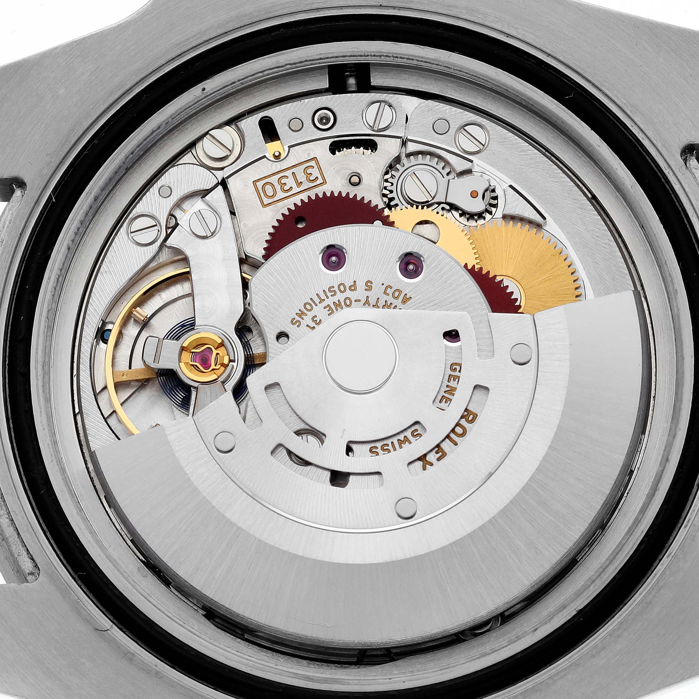 The image shows the movement mechanism of a Rolex Submariner 114060LN Men's Stainless Steel Black Dial 114060LN Men's Stainless Steel Black Dial, highlighting gears and the rotor from a top-down angle.