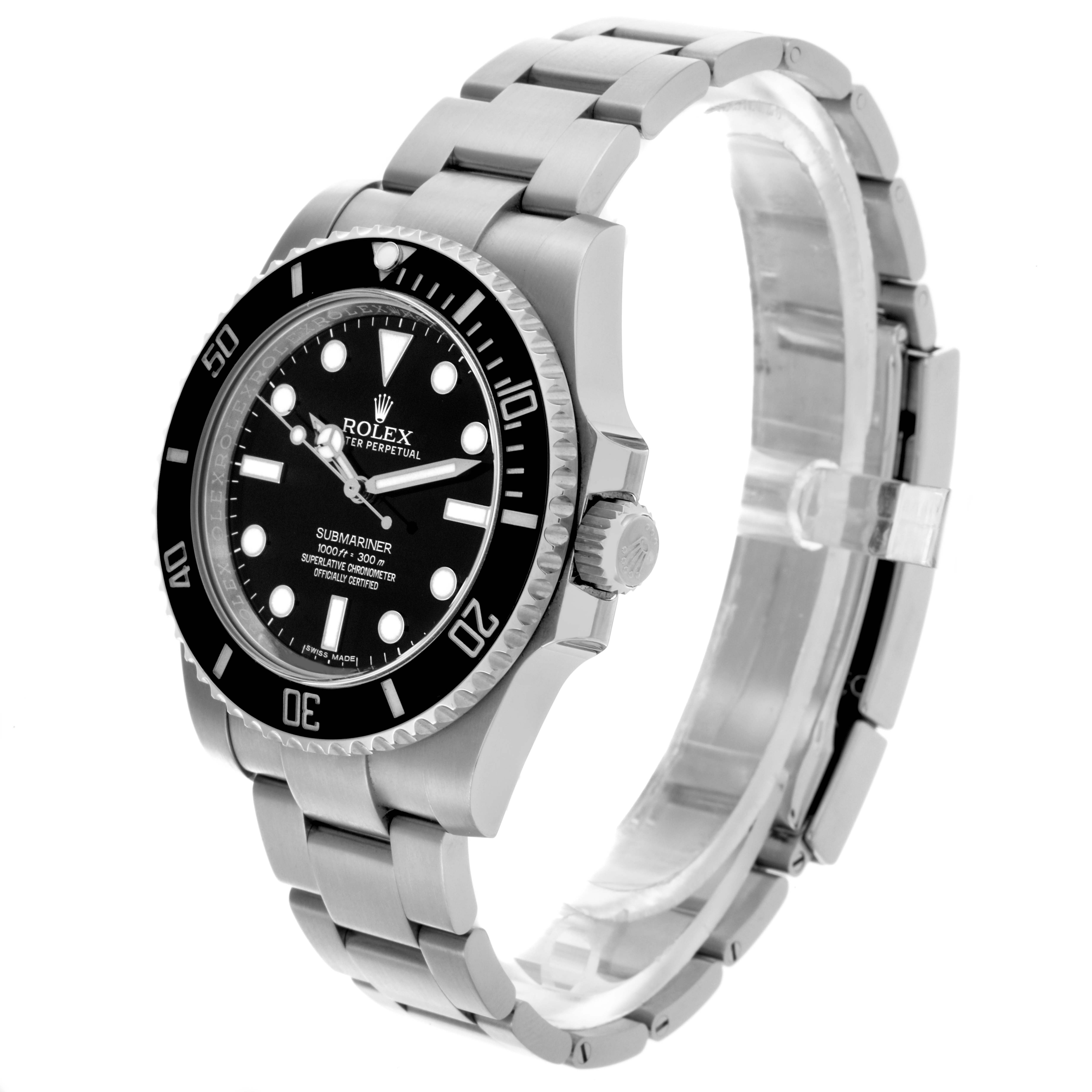 The watch is shown at a slight angle highlighting its face, bezel, and bracelet; it's a Rolex Submariner 114060LN Men's Stainless Steel Black Dial 114060LN Men's Stainless Steel Black Dial model.