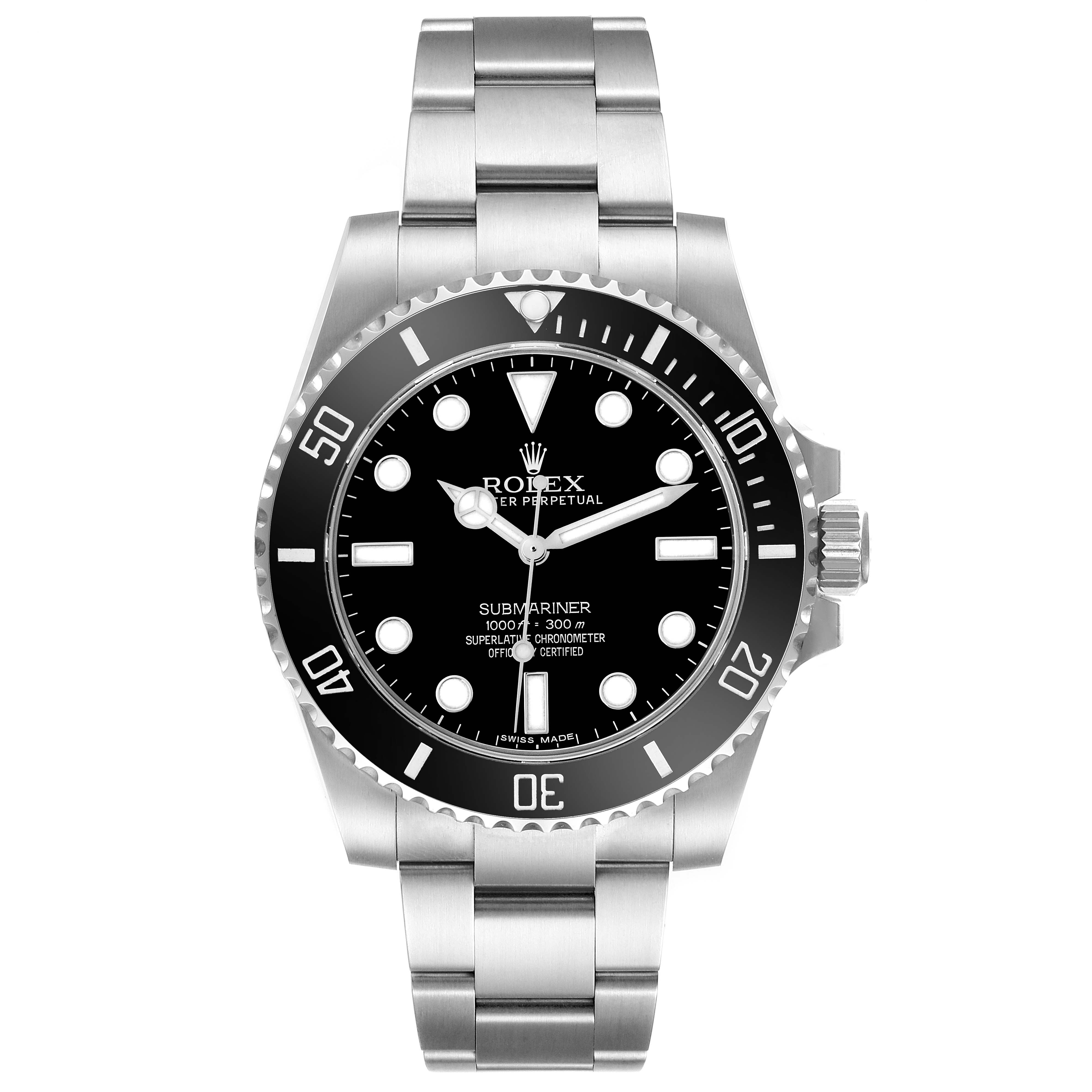 The Rolex Submariner 114060LN Men's Stainless Steel Black Dial 114060LN Men's Stainless Steel Black Dial watch is shown from a front angle, highlighting the dial, bezel, and bracelet.