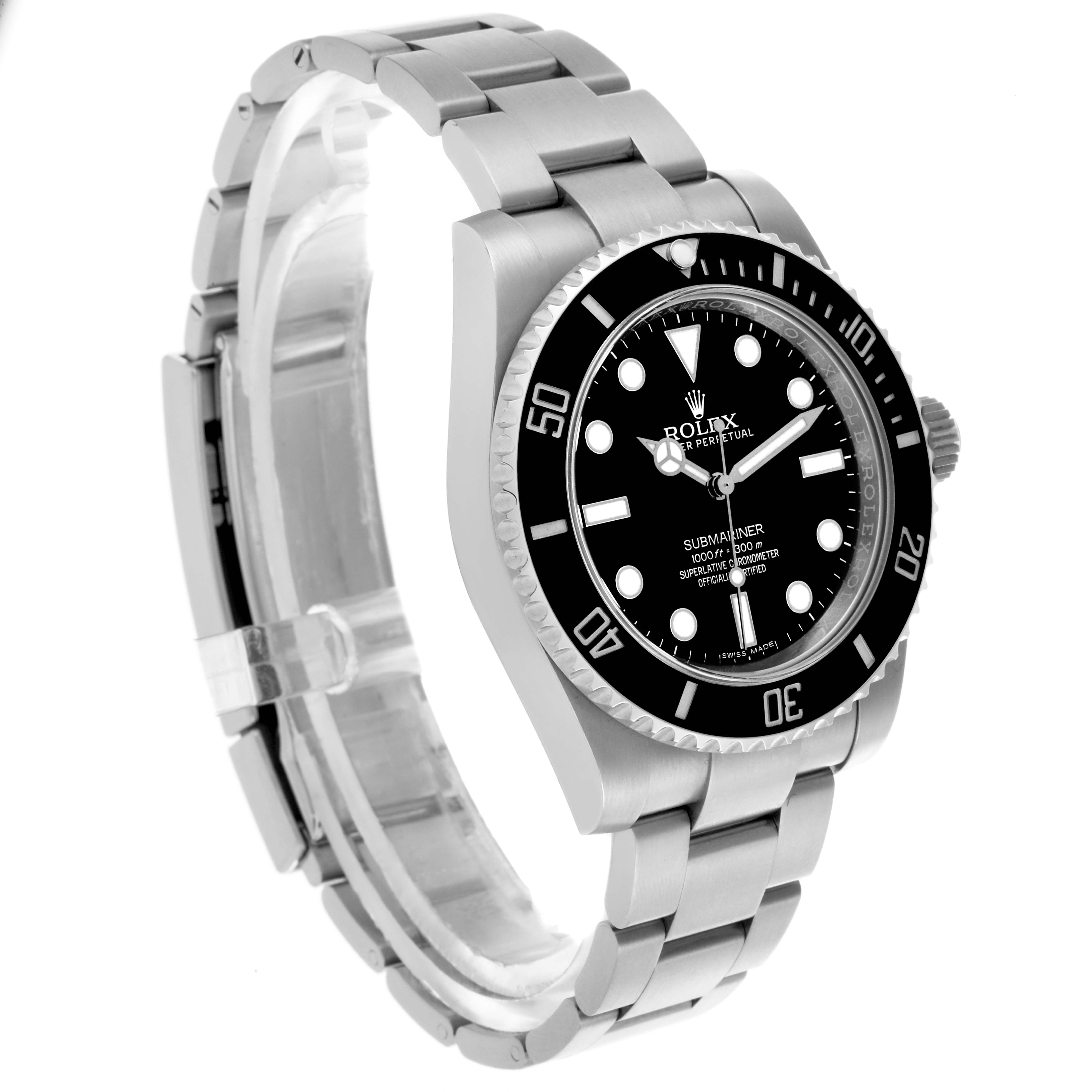 The Rolex Submariner 114060LN Men's Stainless Steel Black Dial 114060LN Men's Stainless Steel Black Dial is shown at a side angle, featuring the bezel, dial, and stainless steel bracelet.