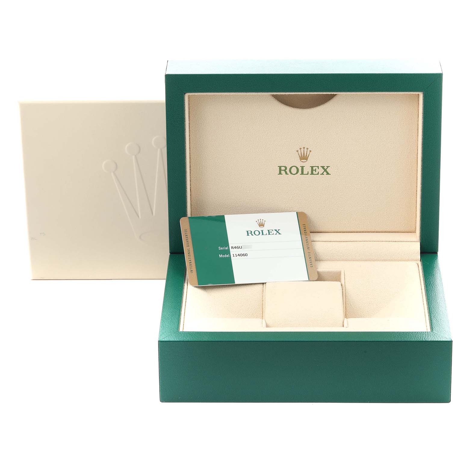The image shows the open box and warranty card for a Rolex Submariner 114060LN Men's Stainless Steel Black Dial 114060LN Men's Stainless Steel Black Dial, featuring a green exterior and beige interior.