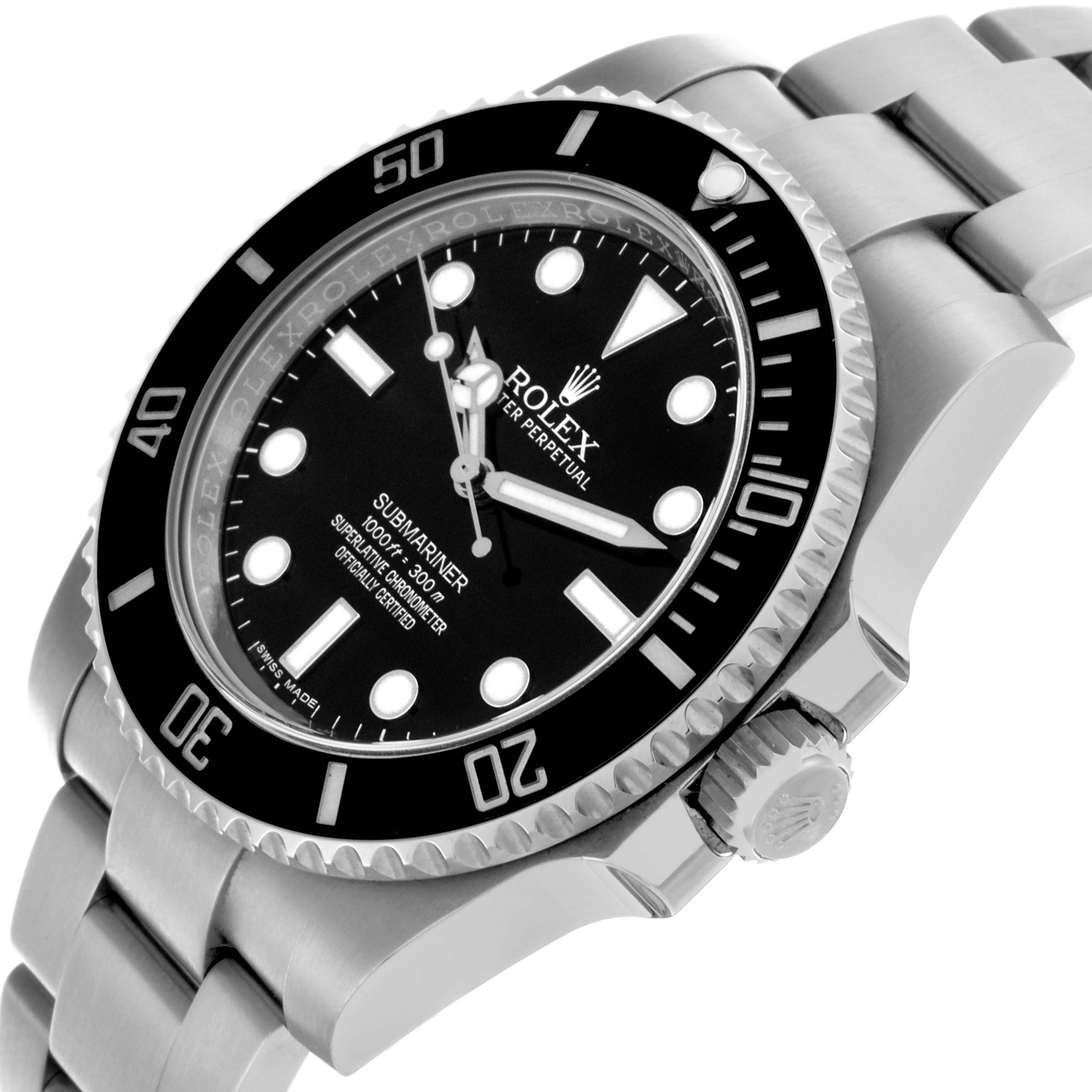 The Rolex Submariner 114060LN Men's Stainless Steel Black Dial 114060LN Men's Stainless Steel Black Dial watch is shown from an angled side view, displaying the dial, bezel, crown, and part of the bracelet.