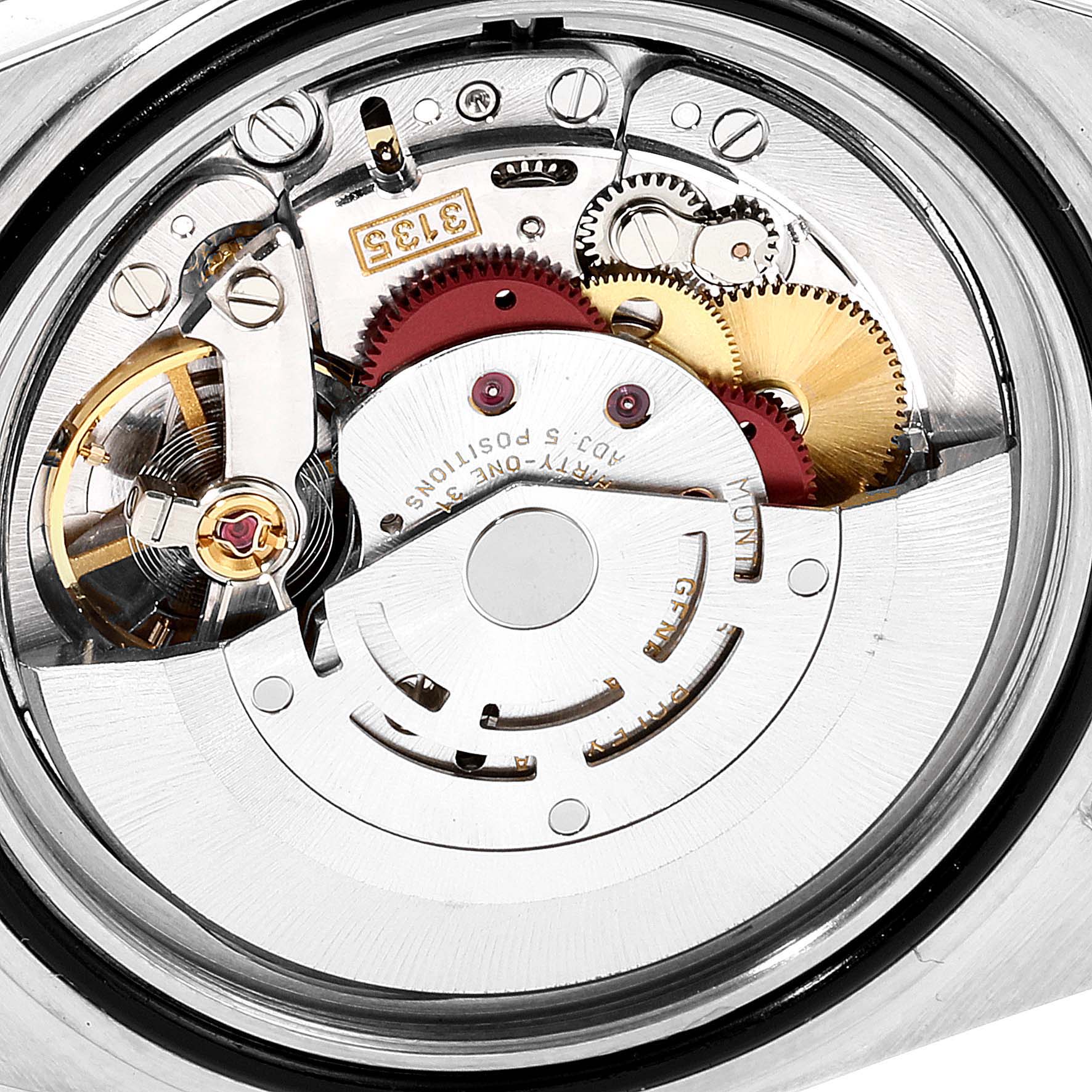 This image shows a detailed view of the movement mechanism inside a Rolex Submariner 16613 Men's Steel and Gold (two tone) Blue Dial 16613 Men's Steel and Gold (two tone) Blue Dial watch from a close-up, back angle.
