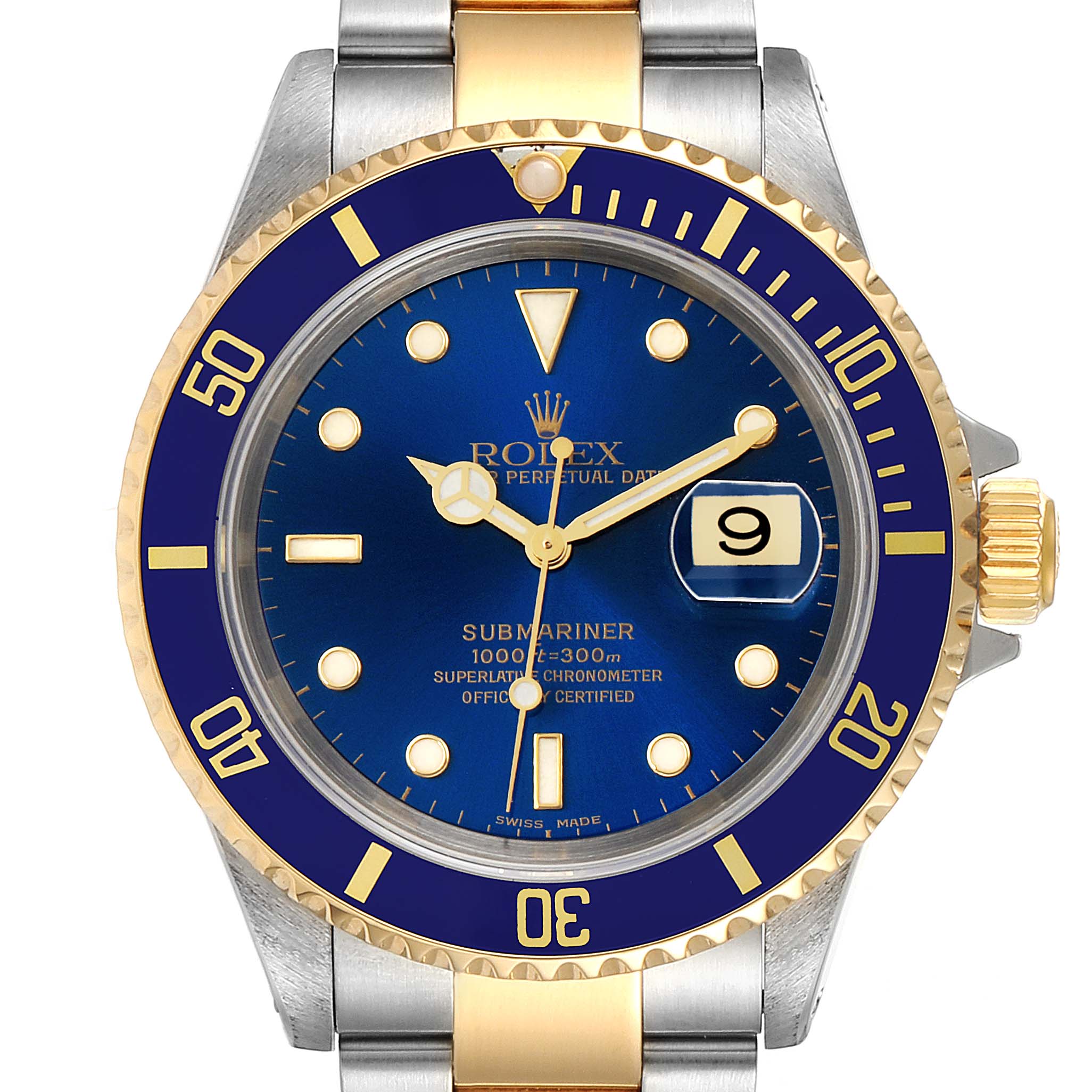 The image shows a front view of a Rolex Submariner 16613 Men's Steel and Gold (two tone) Blue Dial 16613 Men's Steel and Gold (two tone) Blue Dial watch featuring a blue dial and bezel with gold and silver accents.