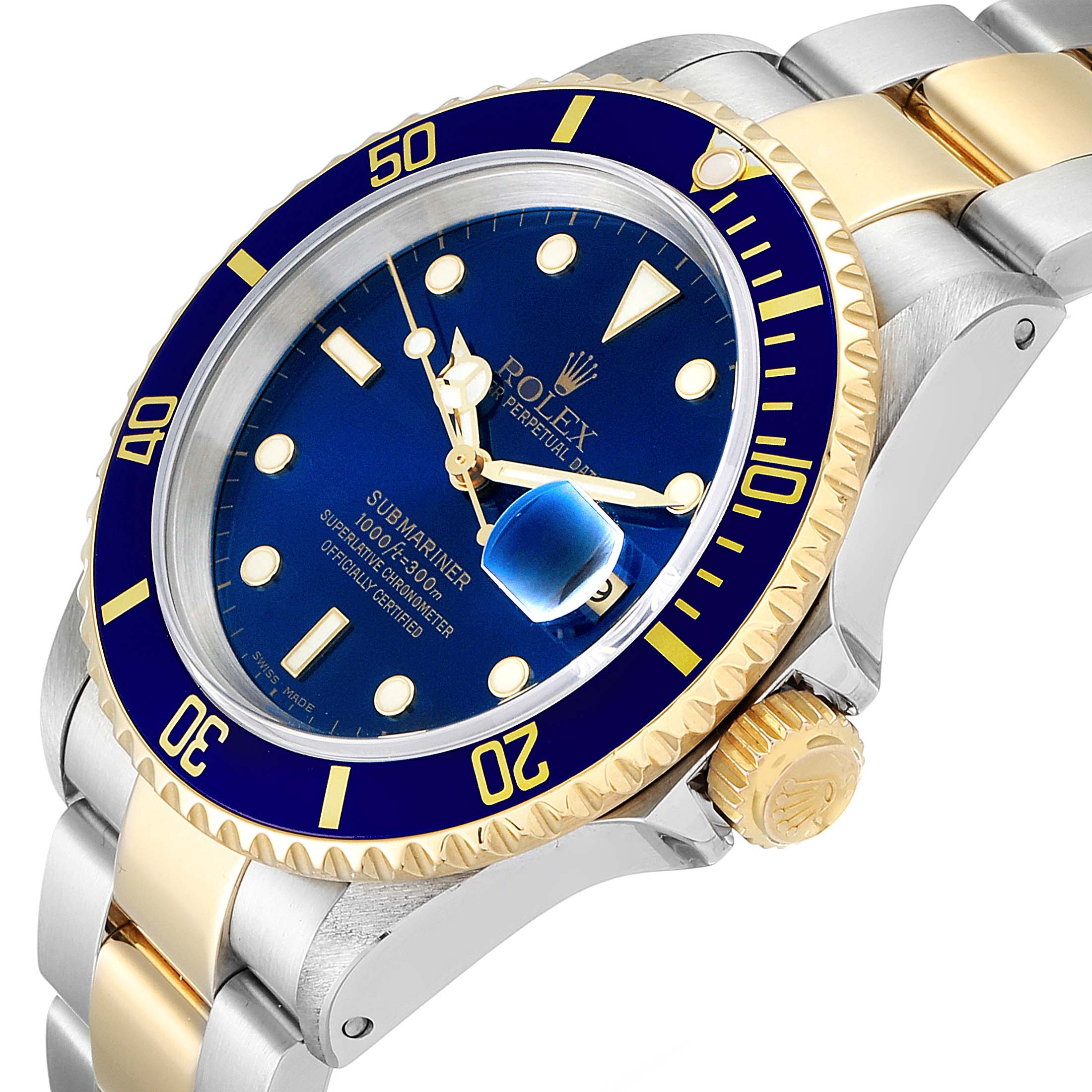 This image shows a side angle of a Rolex Submariner 16613 Men's Steel and Gold (two tone) Blue Dial 16613 Men's Steel and Gold (two tone) Blue Dial, highlighting the blue dial, gold bezel, and stainless steel and gold bracelet.