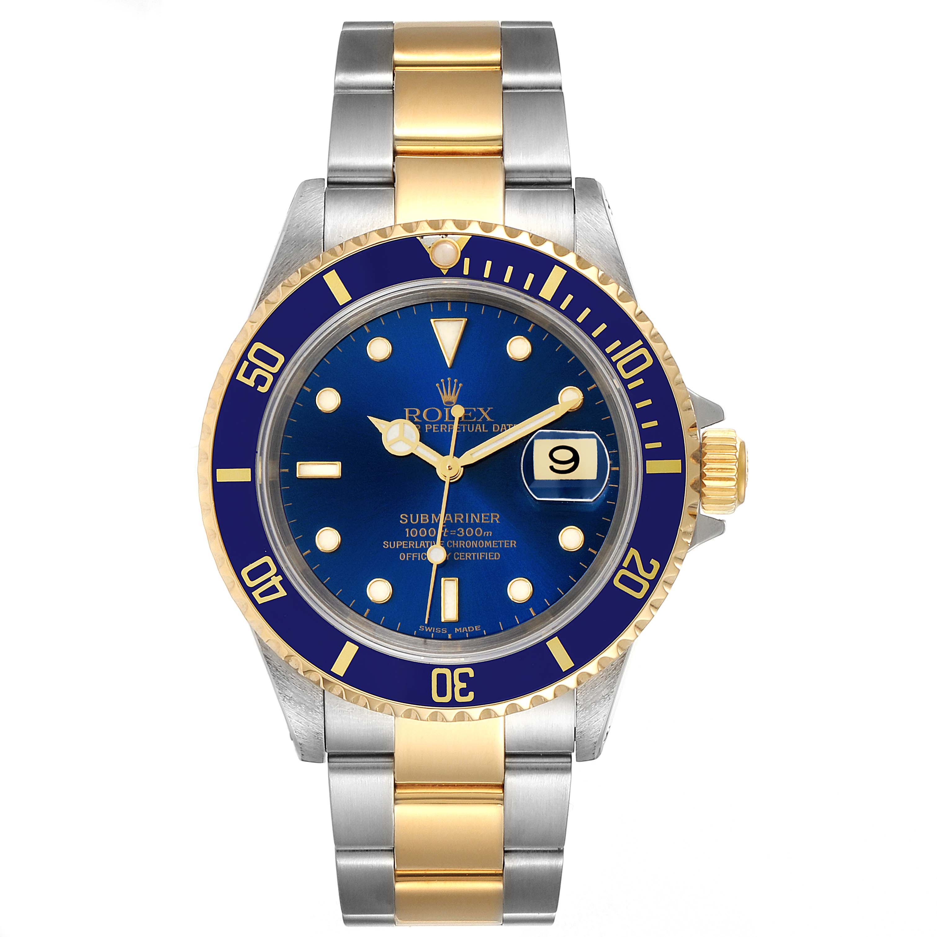 This image shows a front view of a Rolex Submariner 16613 Men's Steel and Gold (two tone) Blue Dial 16613 Men's Steel and Gold (two tone) Blue Dial watch, highlighting its blue face, bezel, and two-tone metal bracelet.