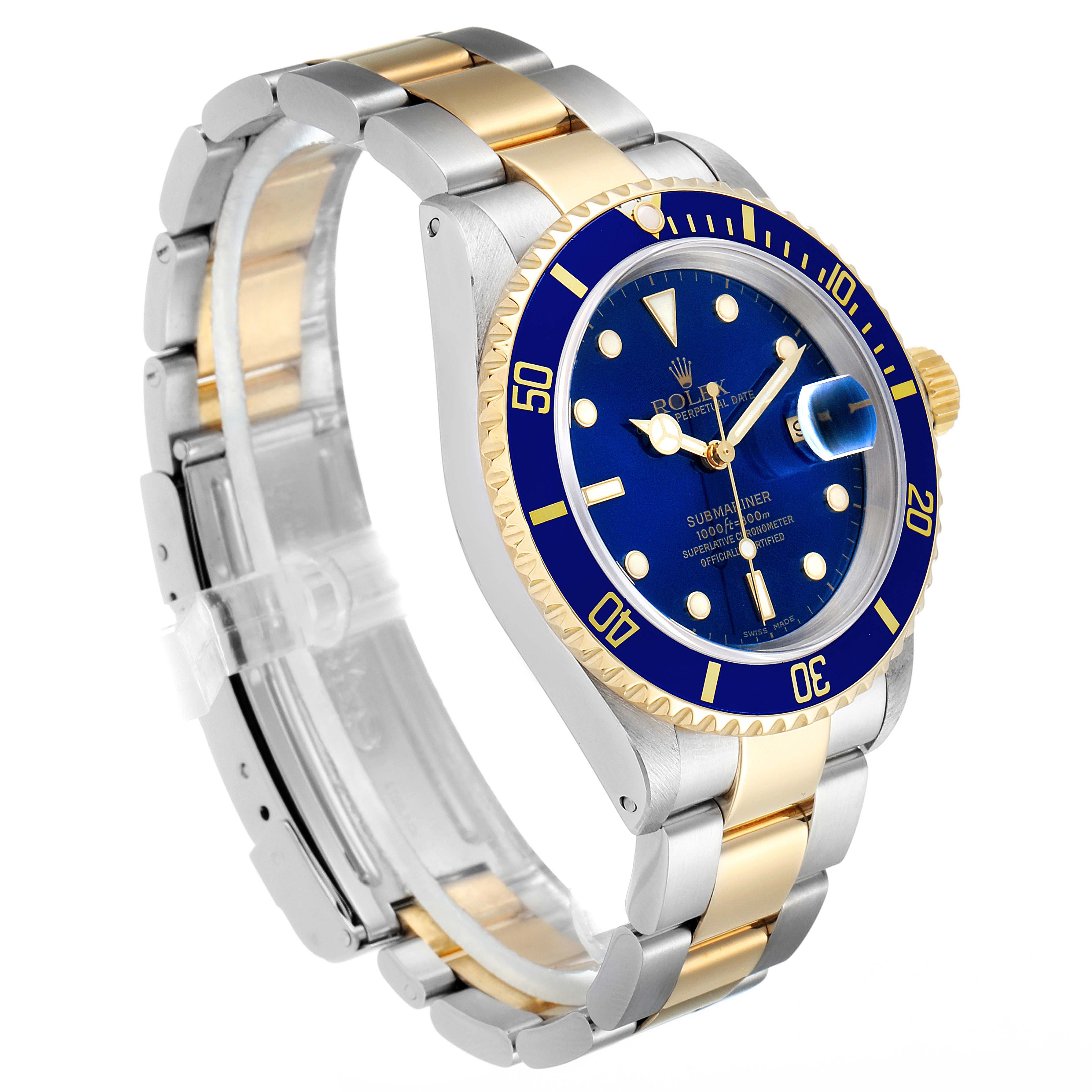 The image shows a side and front view of a Rolex Submariner 16613 Men's Steel and Gold (two tone) Blue Dial 16613 Men's Steel and Gold (two tone) Blue Dial watch with a blue dial, blue bezel, and two-tone metal bracelet.
