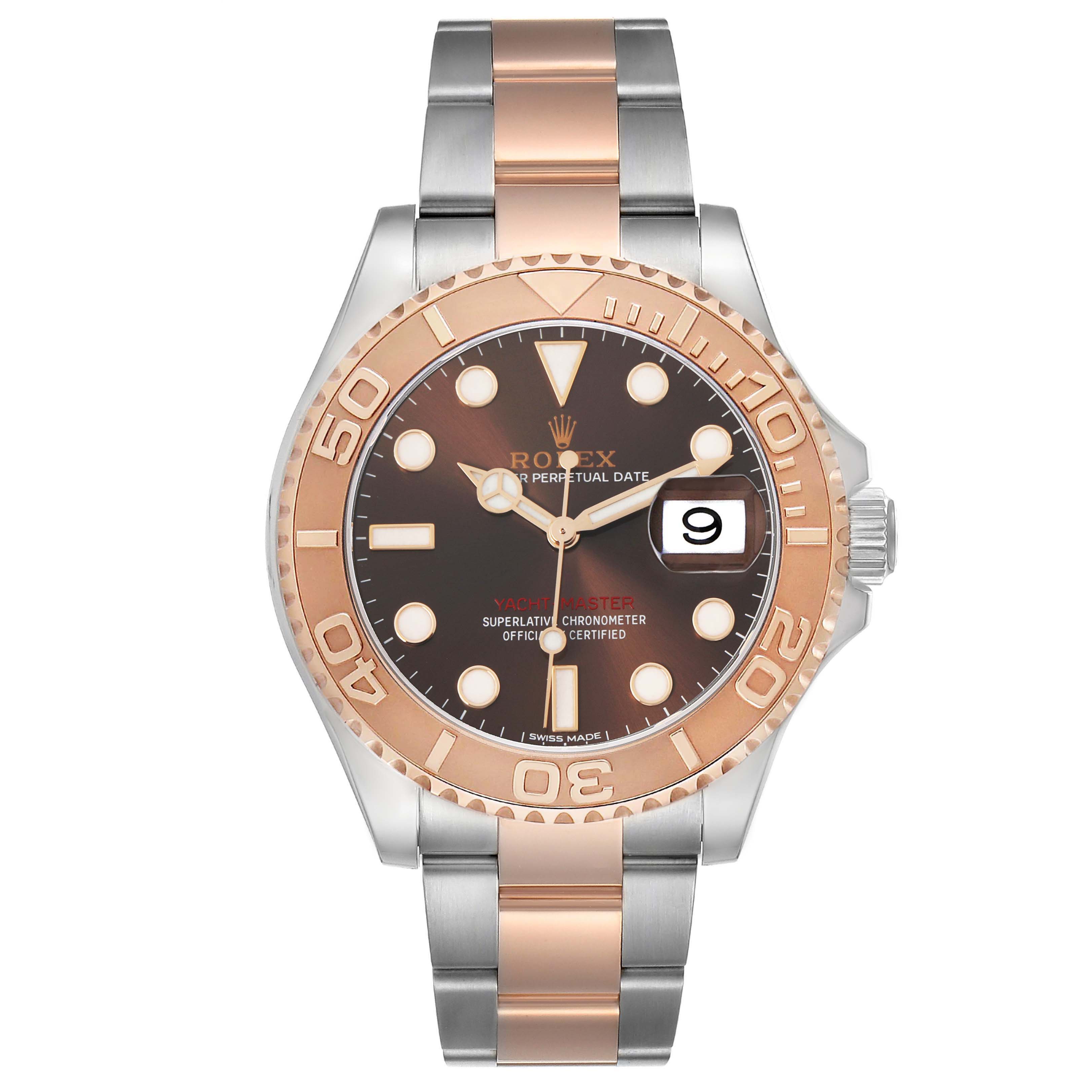 The Rolex Yacht-Master 116621 Men's Steel and Gold (two tone) Brown Dial watch is shown from the front, highlighting the bezel, dial, hands, and bracelet.