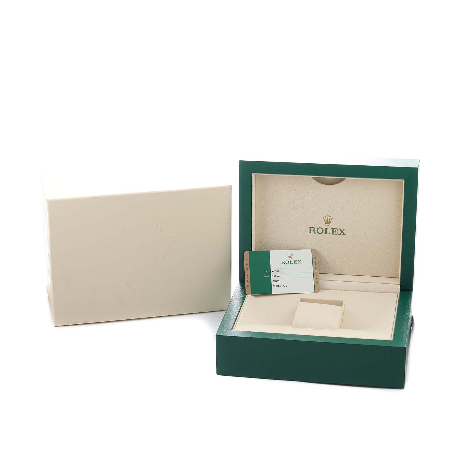 The image shows an open Rolex Yacht-Master 116621 Men's Steel and Gold (two tone) Brown Dial watch box with its accessories, including a card, in a three-quarter angle.