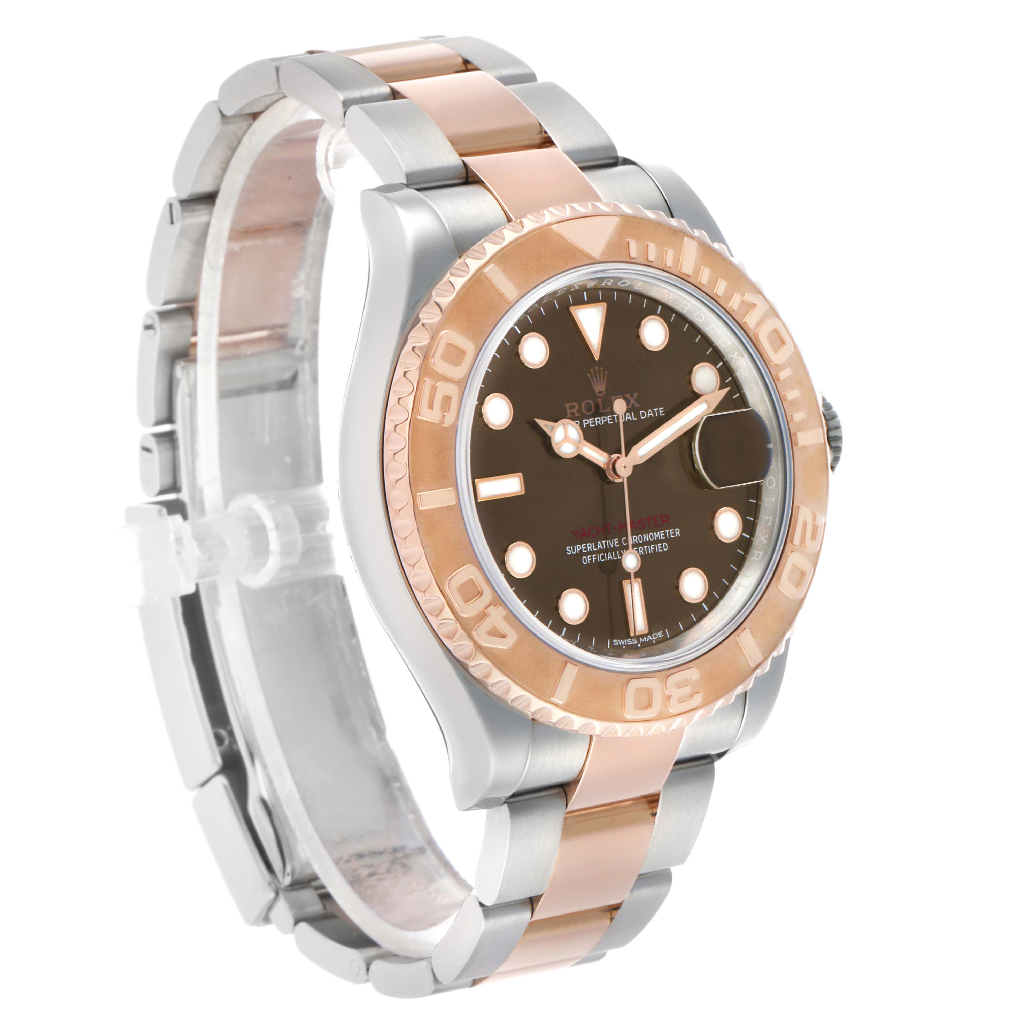 The Rolex Yacht-Master 116621 Men's Steel and Gold (two tone) Brown Dial watch is shown at a three-quarter angle, displaying the face, bezel, and part of the bracelet.