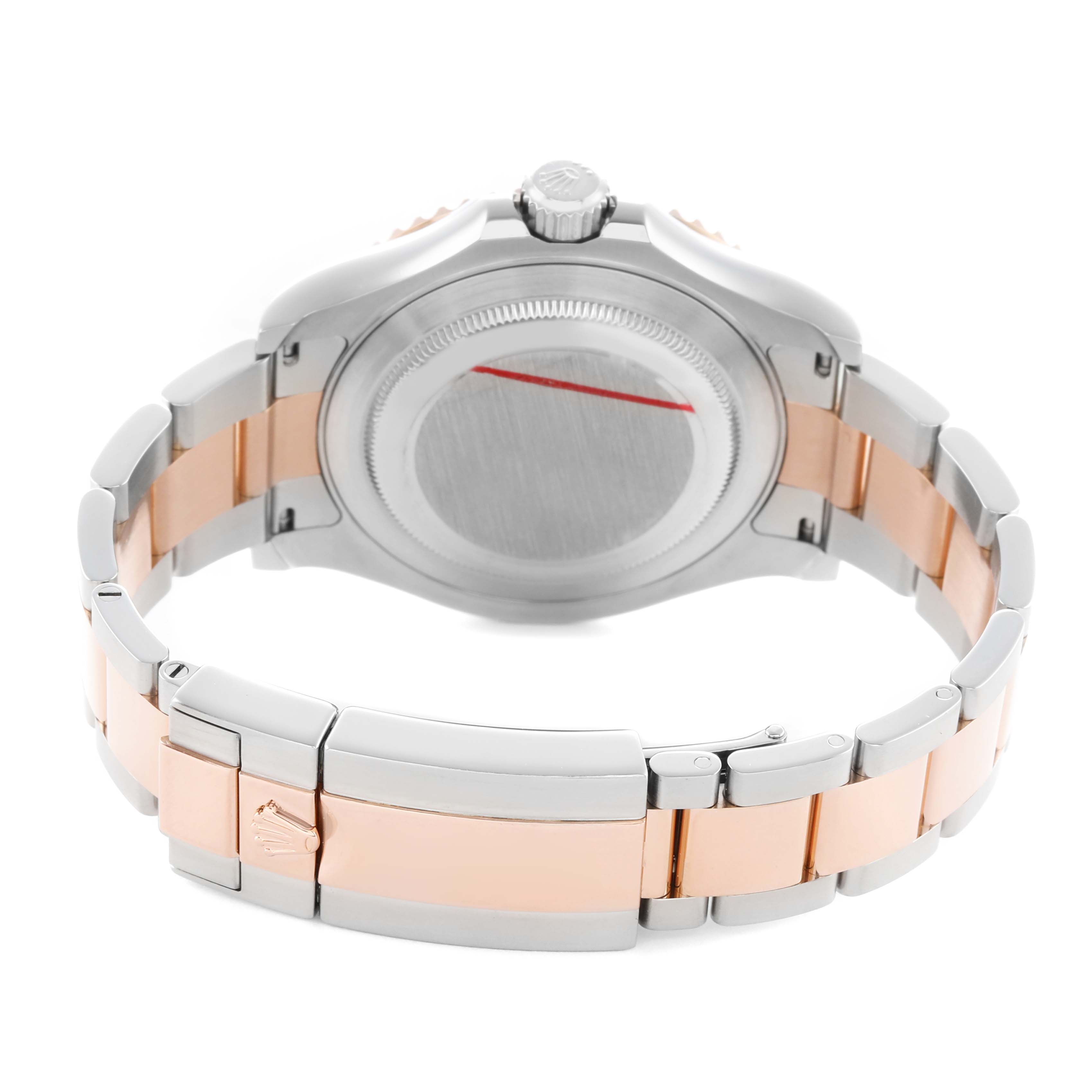 The image shows the back view of a Rolex Yacht-Master 116621 Men's Steel and Gold (two tone) Brown Dial watch, highlighting the case back, bracelet, and clasp.