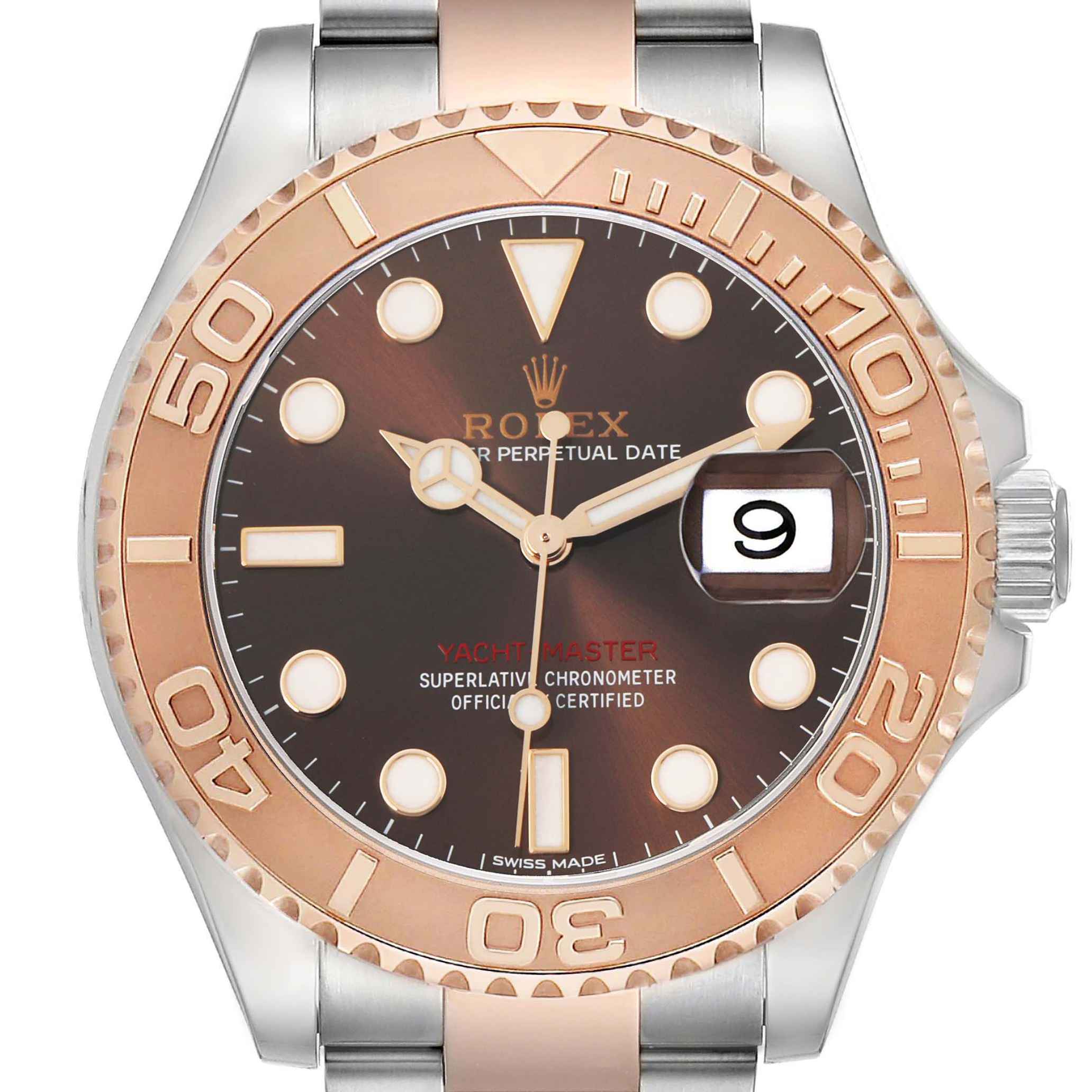 The Rolex Yacht-Master 116621 Men's Steel and Gold (two tone) Brown Dial watch is shown from the front, highlighting its bezel, dial, hands, and date window.