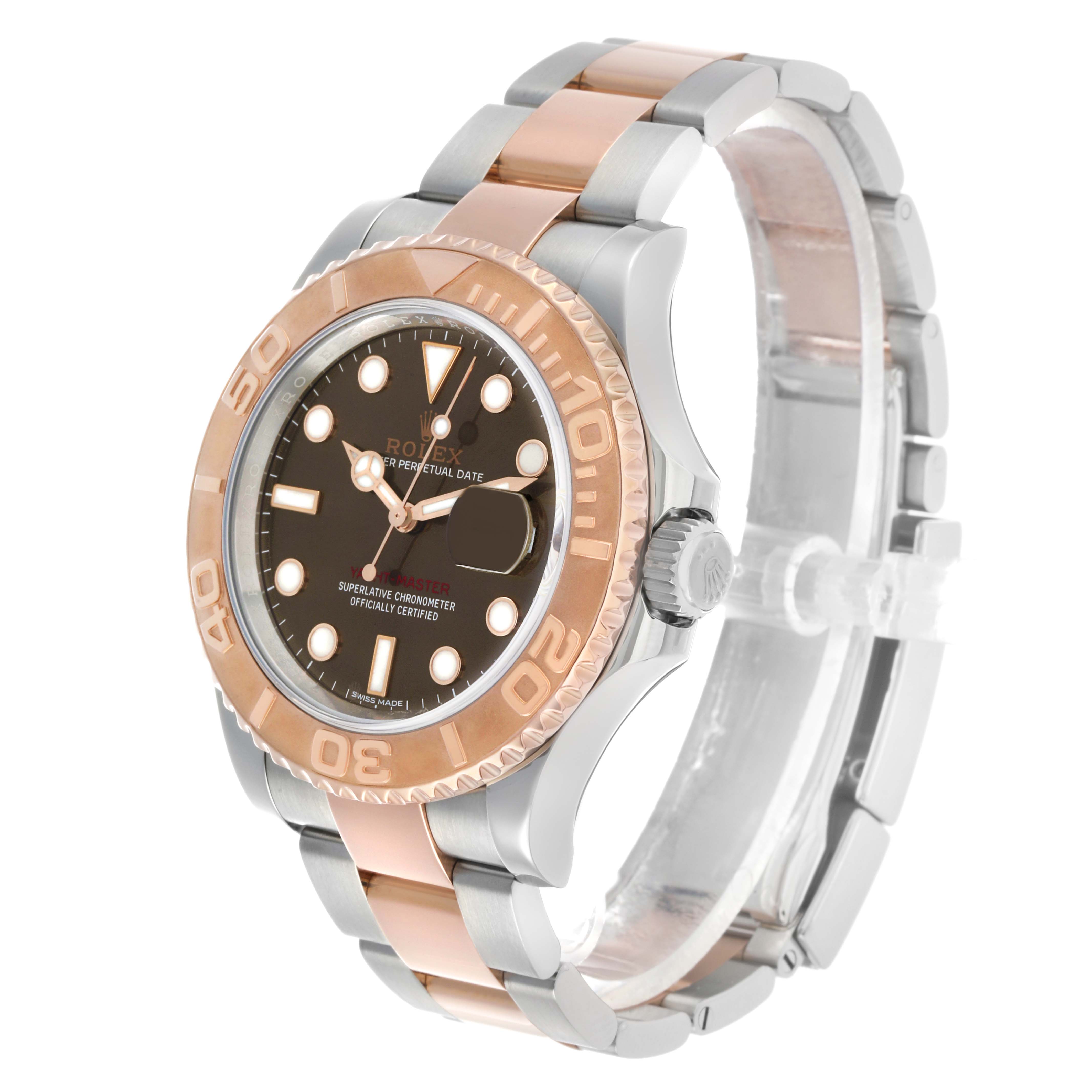 The Rolex Yacht-Master 116621 Men's Steel and Gold (two tone) Brown Dial watch is shown at a slight angle, highlighting the bezel, dial, and two-tone bracelet.