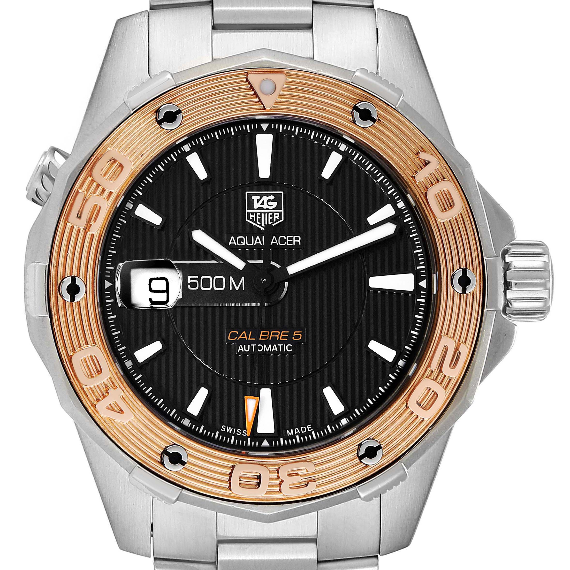 The image shows a front view of the Tag Heuer Aquaracer WAJ2150.BA0870 Men's Steel and Gold (two tone) Black Dial WAJ2150.BA0870 Men's Steel and Gold (two tone) Black Dial watch with a two-tone bezel and stainless steel bracelet.