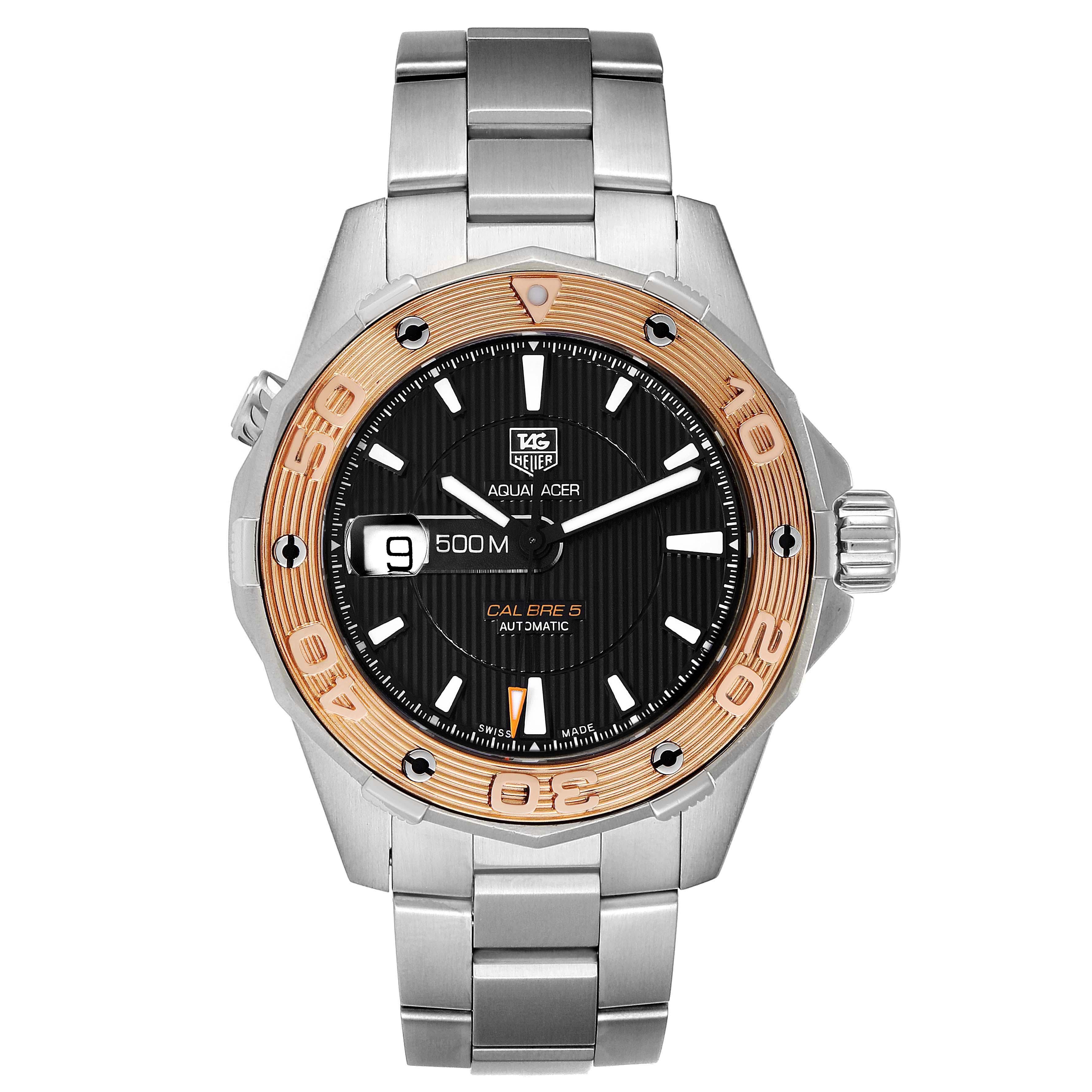 This image shows the Tag Heuer Aquaracer WAJ2150.BA0870 Men's Steel and Gold (two tone) Black Dial WAJ2150.BA0870 Men's Steel and Gold (two tone) Black Dial watch from a front angle, highlighting the dial, bezel, and bracelet.