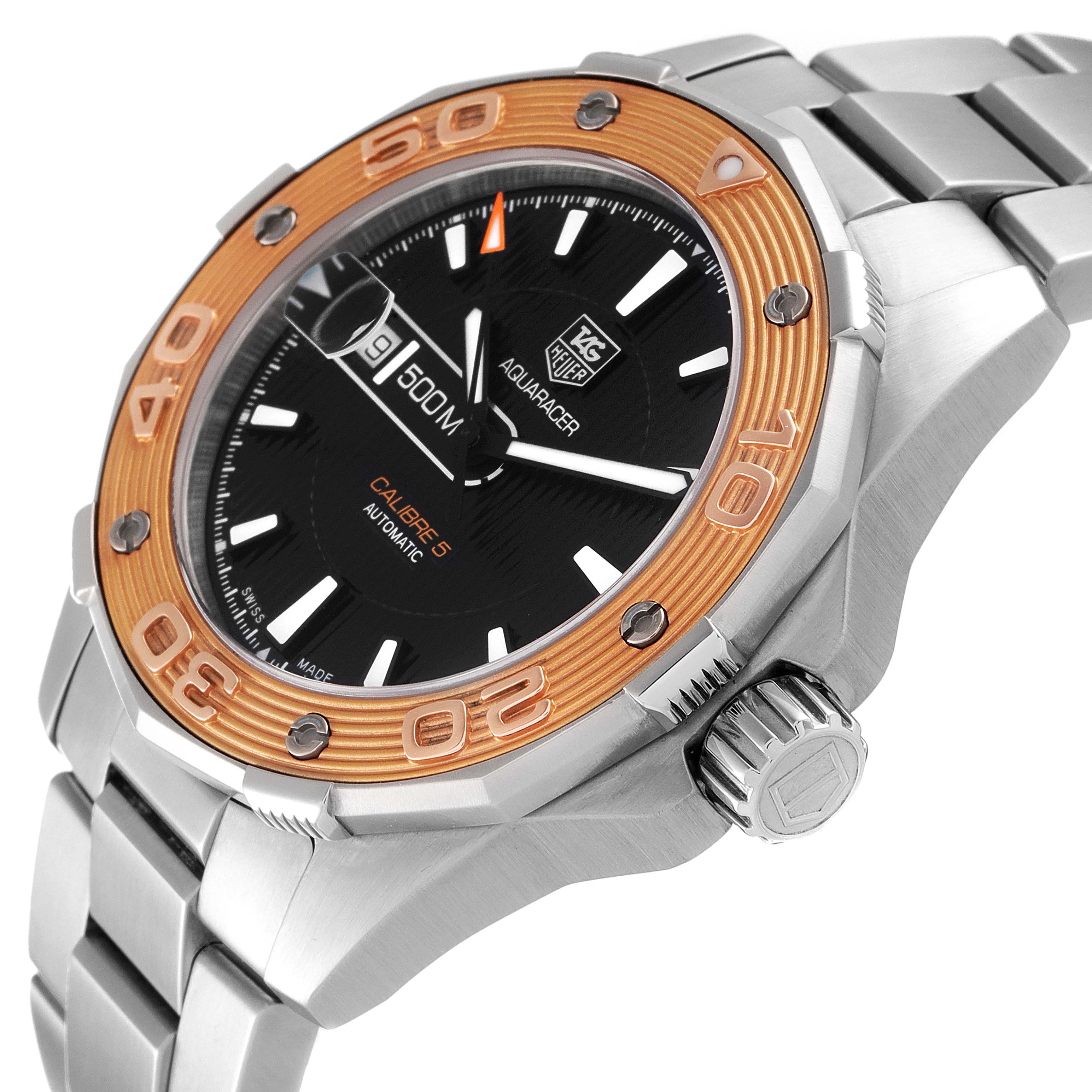 The image shows a Tag Heuer Aquaracer WAJ2150.BA0870 Men's Steel and Gold (two tone) Black Dial WAJ2150.BA0870 Men's Steel and Gold (two tone) Black Dial watch angled from the front-right, highlighting the bezel, dial, and bracelet.