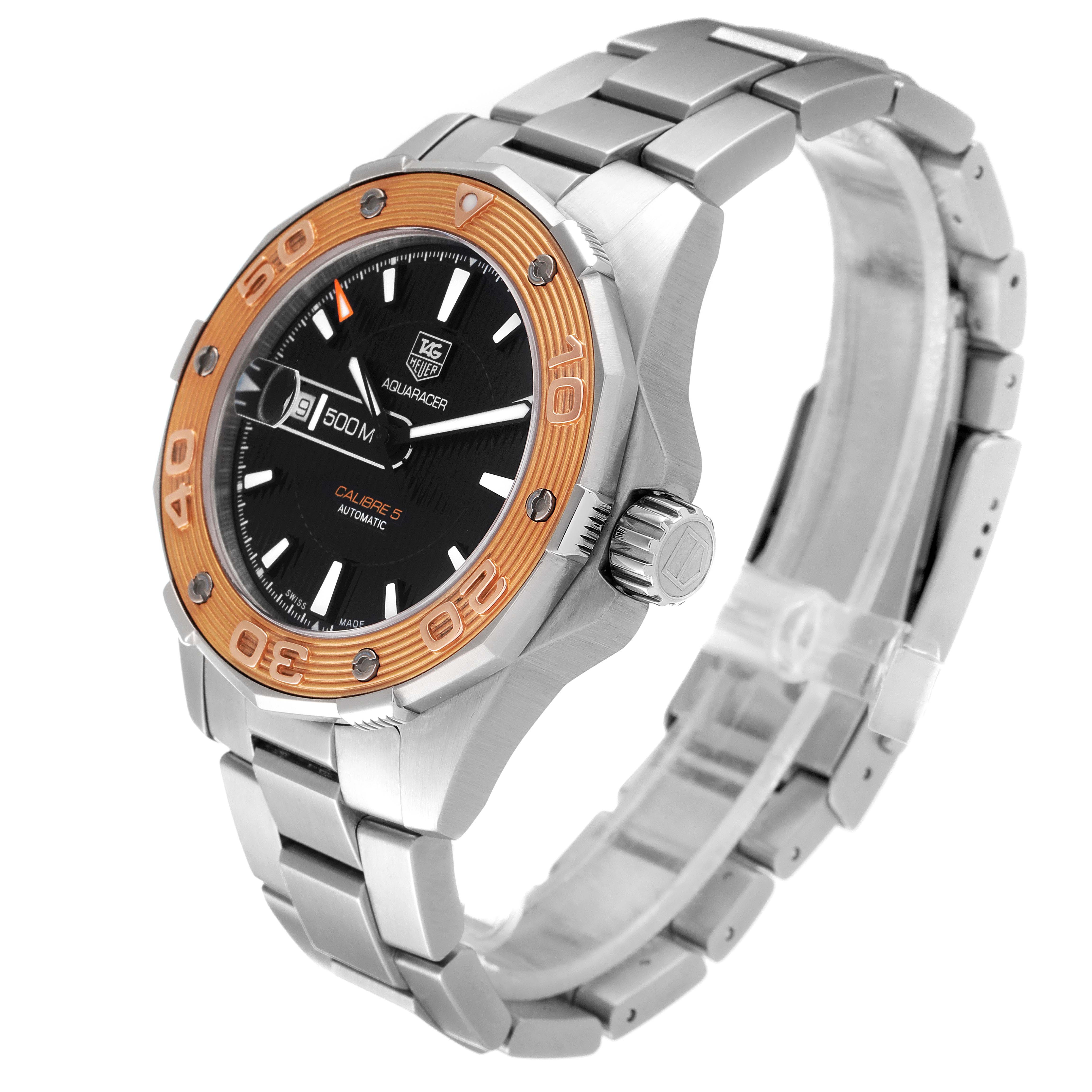 The image shows a Tag Heuer Aquaracer WAJ2150.BA0870 Men's Steel and Gold (two tone) Black Dial WAJ2150.BA0870 Men's Steel and Gold (two tone) Black Dial watch angled from the front-right, highlighting the face, bezel, crown, and bracelet.