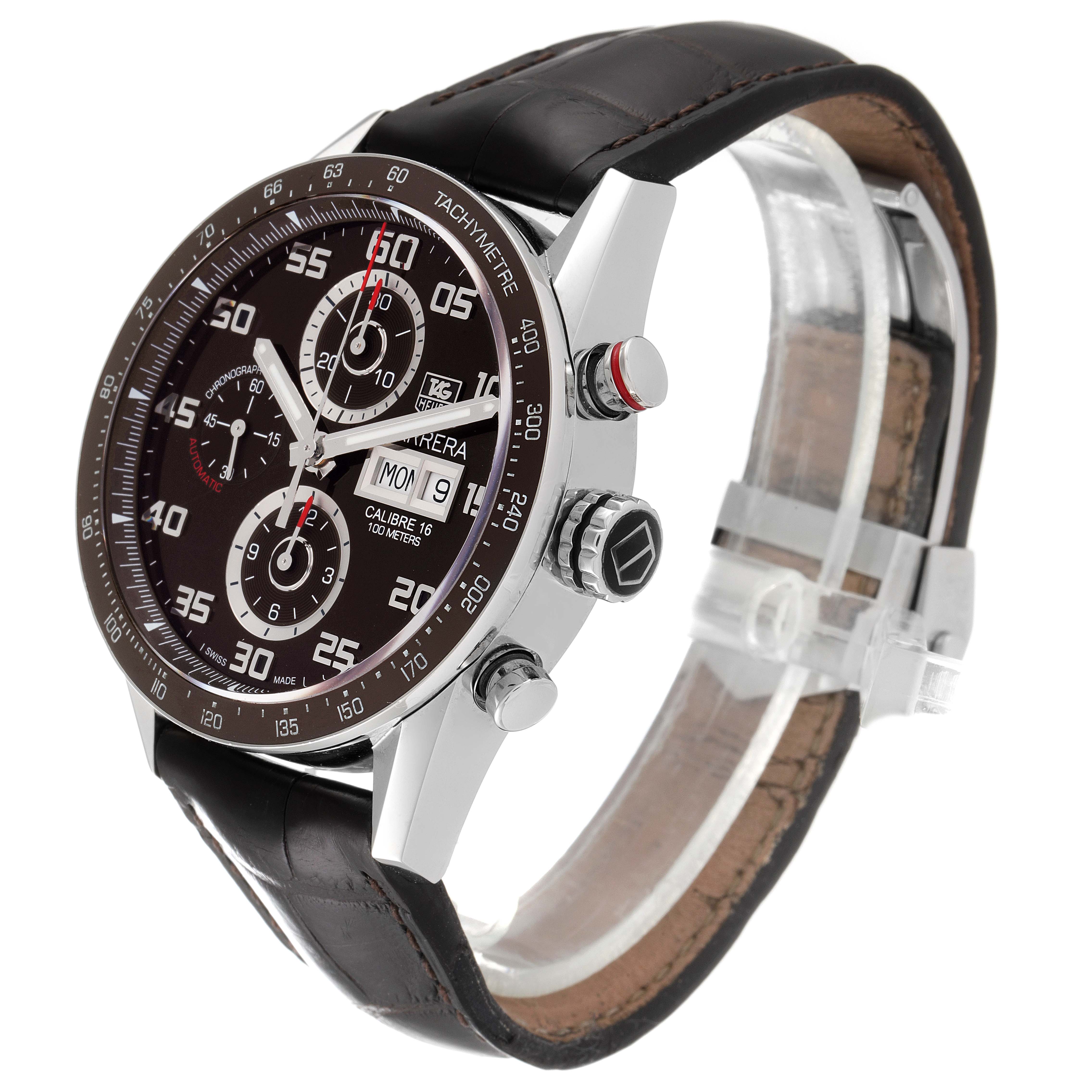 The image shows a Tag Heuer Carrera CV2A1S.FC6236 Men's Stainless Steel Brown Dial CV2A1S.FC6236 Men's Stainless Steel Brown Dial watch from a three-quarter angle, highlighting the dial, bezel, pushers, crown, and leather strap.
