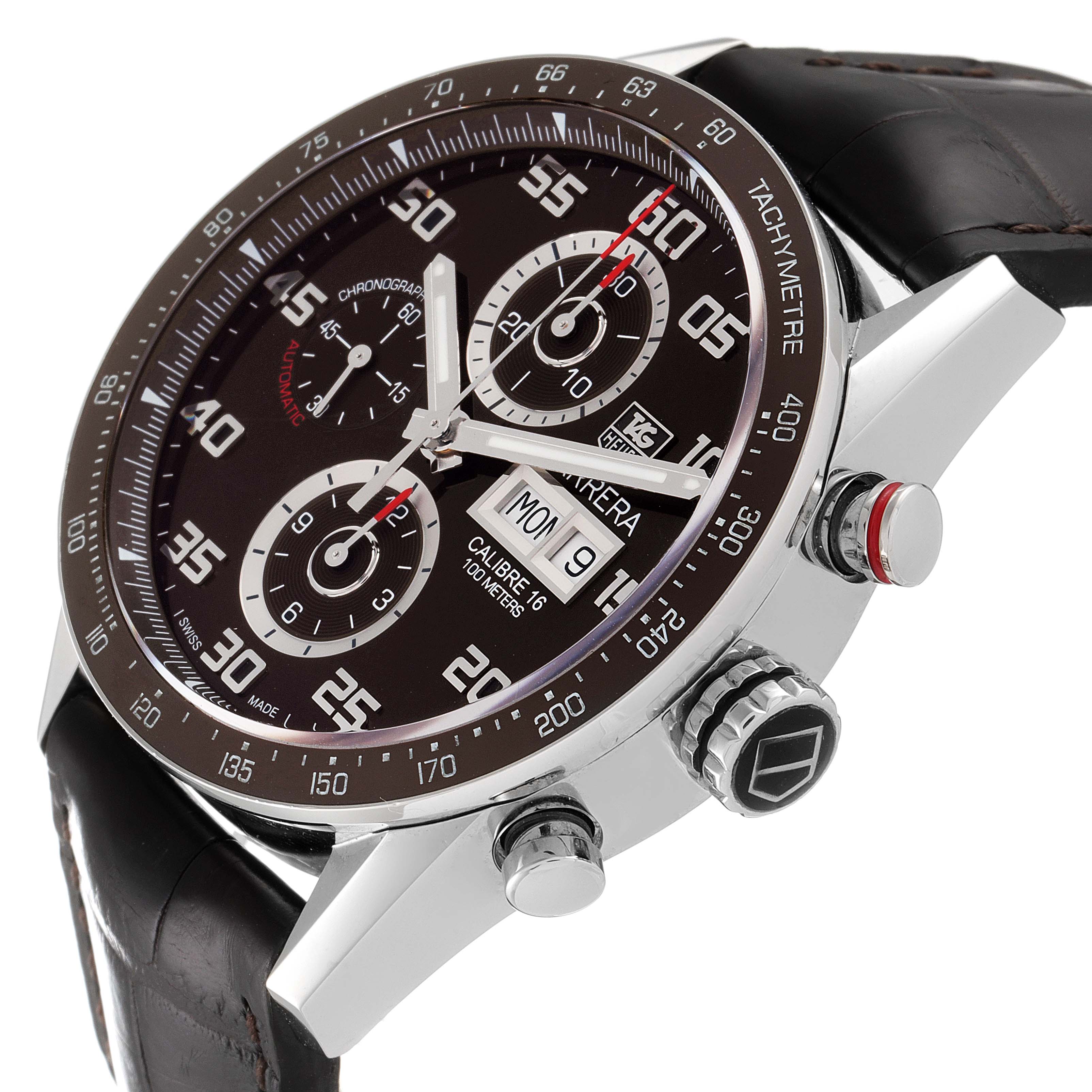 This image shows a side-angle view of a Tag Heuer Carrera CV2A1S.FC6236 Men's Stainless Steel Brown Dial CV2A1S.FC6236 Men's Stainless Steel Brown Dial Calibre 16 watch, highlighting the dial, chronograph, and crown.
