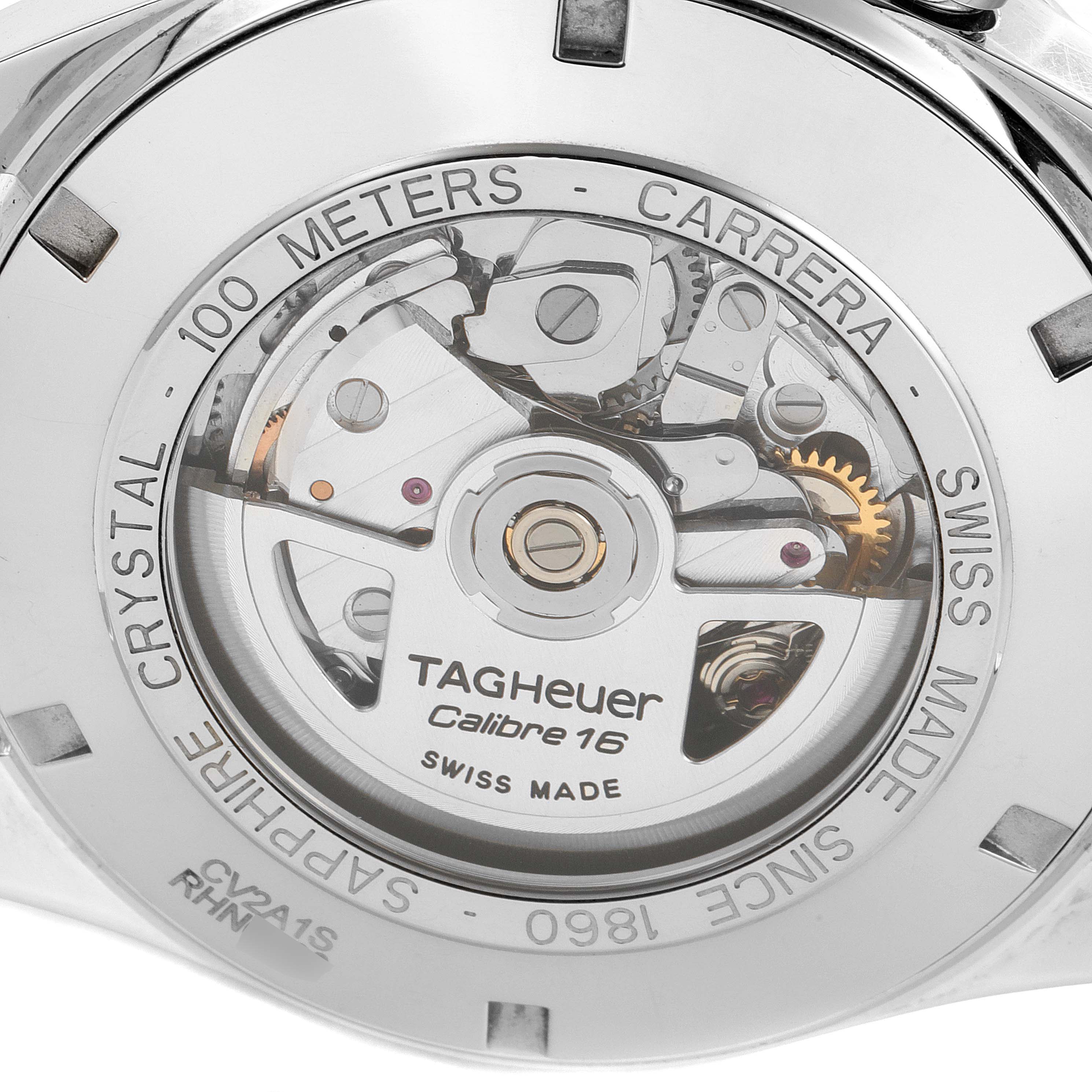 Close-up view of the back of a Tag Heuer Carrera CV2A1S.FC6236 Men's Stainless Steel Brown Dial CV2A1S.FC6236 Men's Stainless Steel Brown Dial watch, showing its Calibre 16 movement and internal mechanisms.