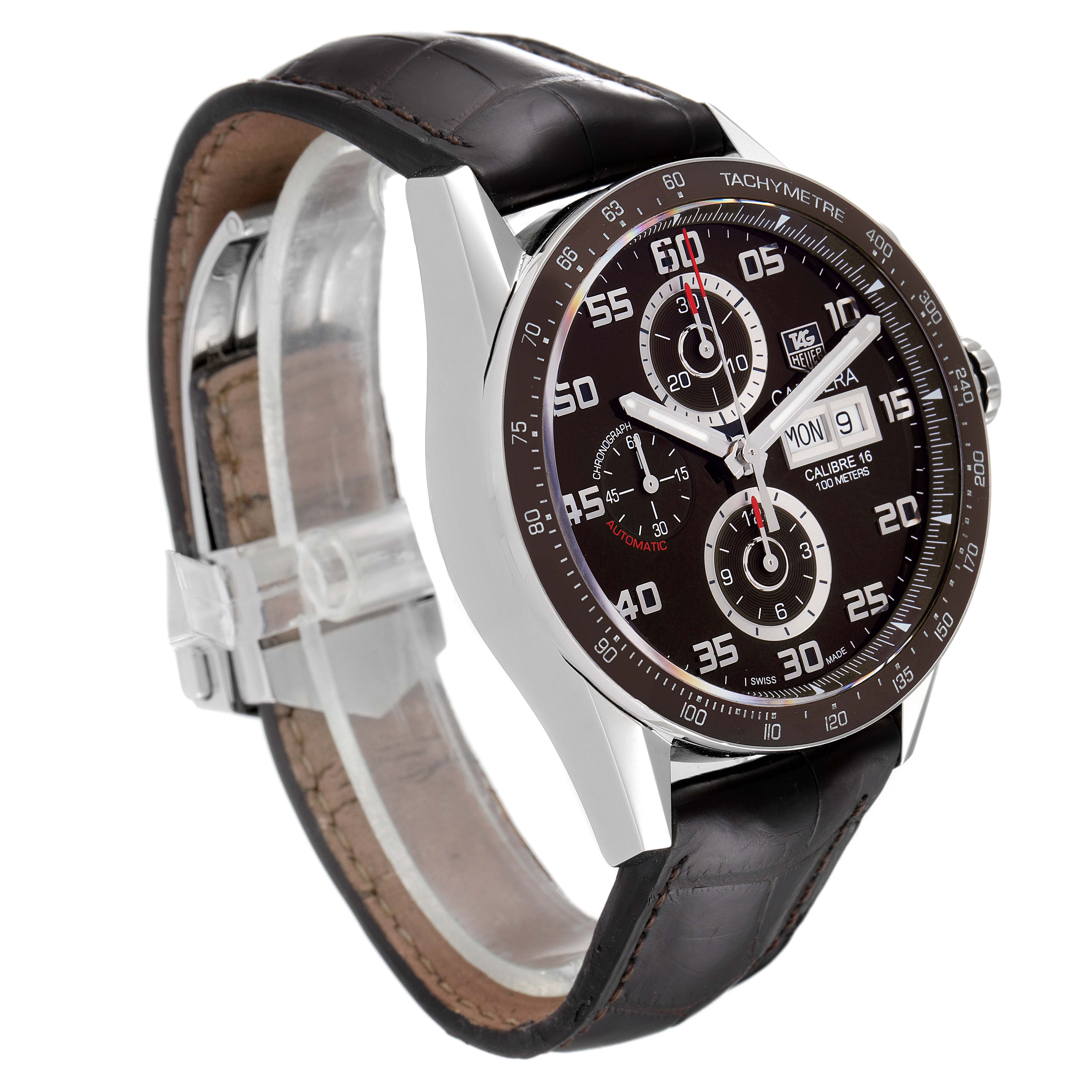 The Tag Heuer Carrera CV2A1S.FC6236 Men's Stainless Steel Brown Dial CV2A1S.FC6236 Men's Stainless Steel Brown Dial watch is shown at an angled view highlighting its face, bezel, and leather strap.