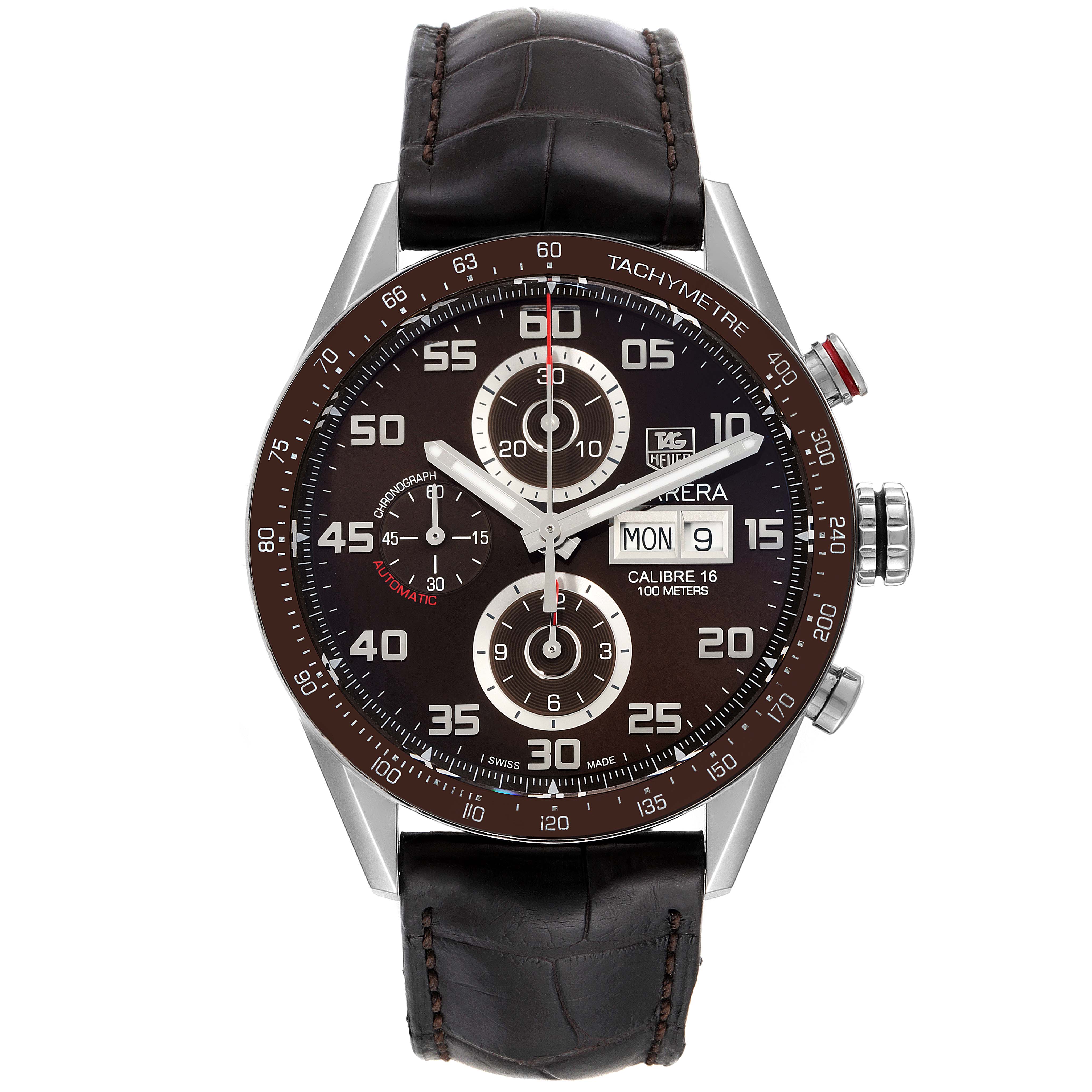 This is a front view of a Tag Heuer Carrera CV2A1S.FC6236 Men's Stainless Steel Brown Dial CV2A1S.FC6236 Men's Stainless Steel Brown Dial watch, showing the face, bezel, and leather strap.