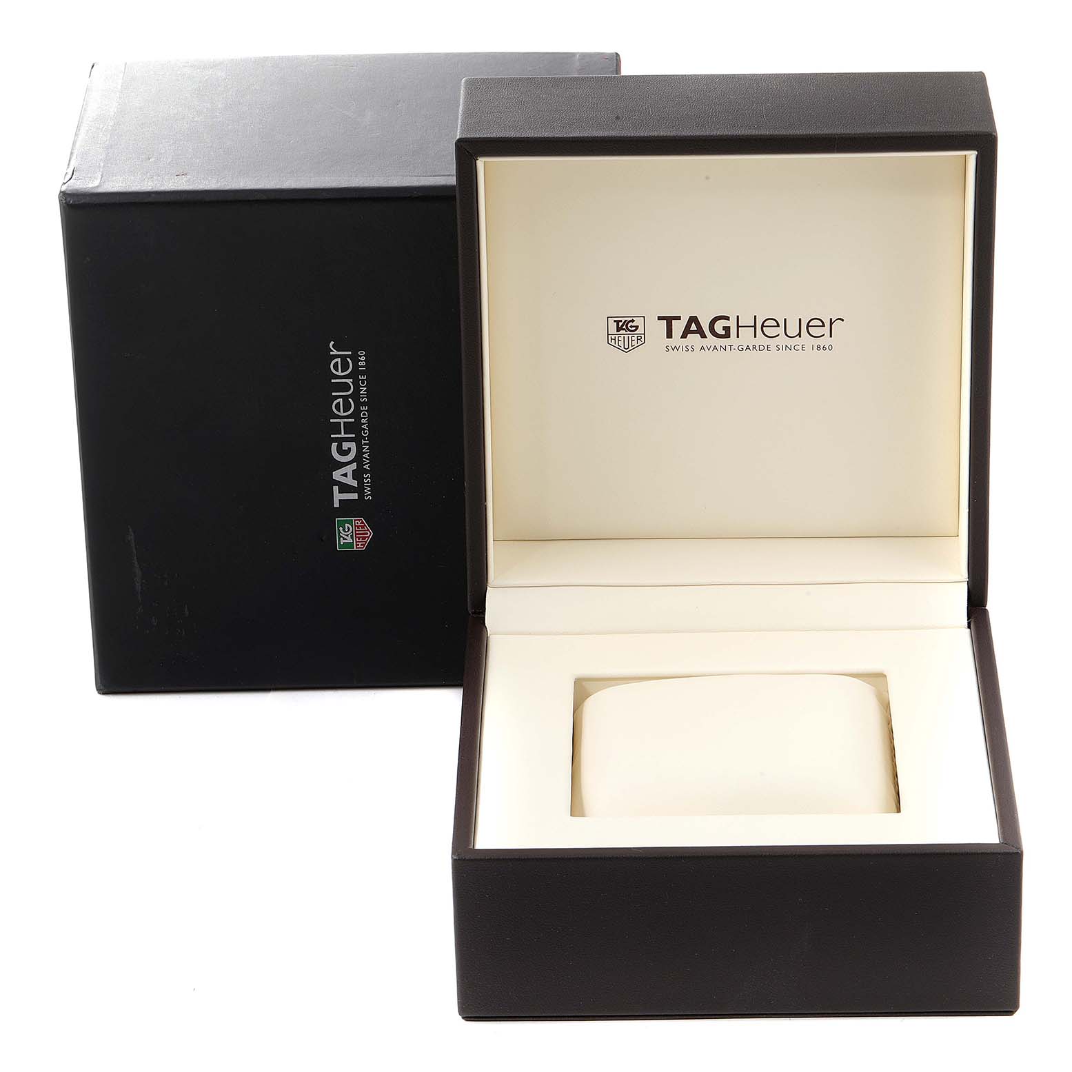 The image shows an open Tag Heuer Carrera CV2A1S.FC6236 Men's Stainless Steel Brown Dial CV2A1S.FC6236 Men's Stainless Steel Brown Dial watch box with the brand logo and an empty cushion inside.