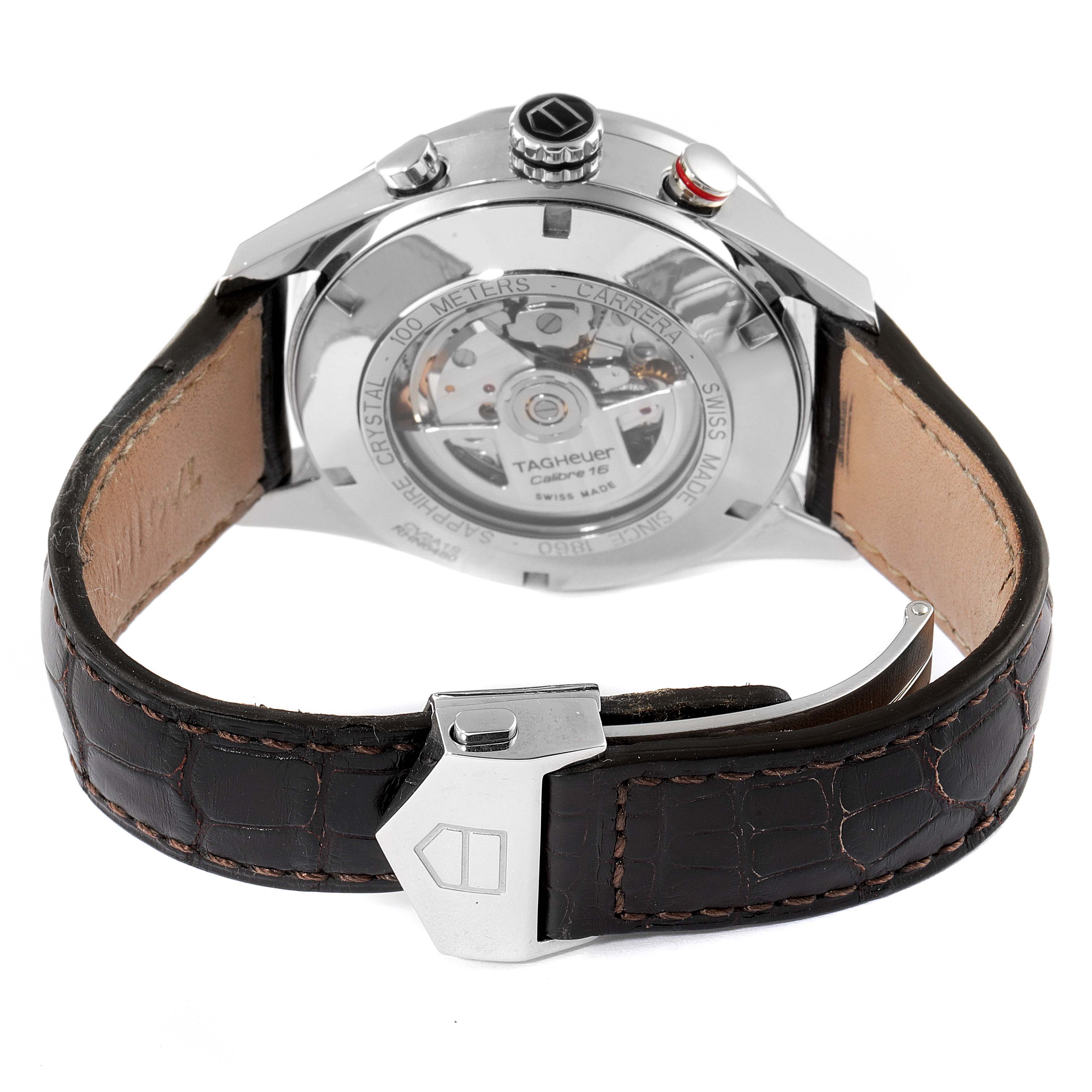 The image shows the back of a Tag Heuer Carrera CV2A1S.FC6236 Men's Stainless Steel Brown Dial CV2A1S.FC6236 Men's Stainless Steel Brown Dial watch, highlighting its movement and leather strap with clasp.