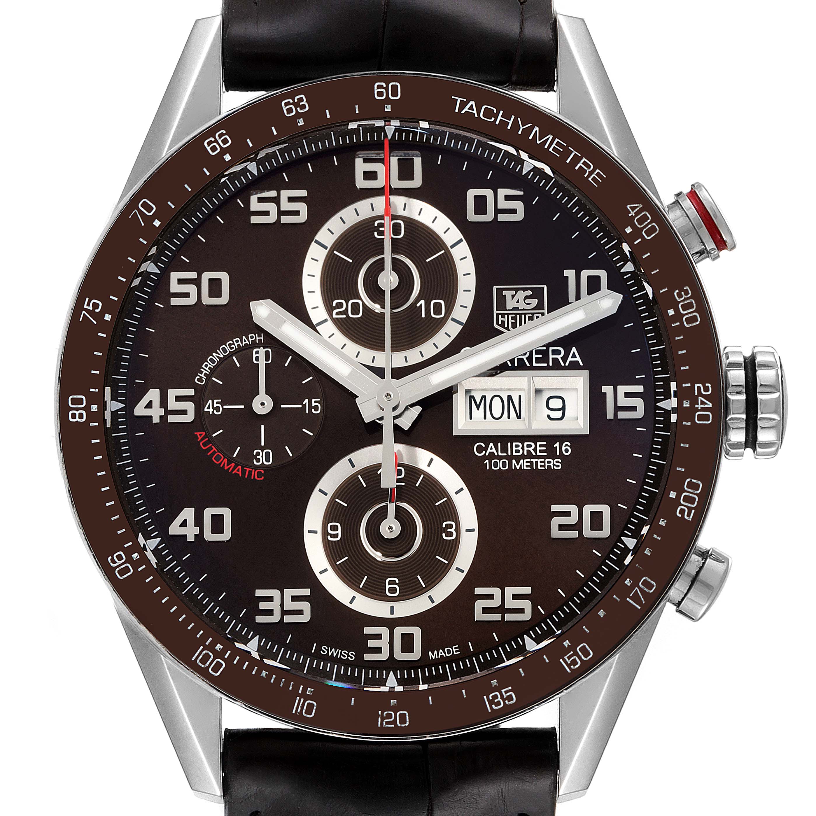The image shows a close-up, front view of the Tag Heuer Carrera CV2A1S.FC6236 Men's Stainless Steel Brown Dial CV2A1S.FC6236 Men's Stainless Steel Brown Dial watch, displaying the dial, hands, tachymeter bezel, and date window.