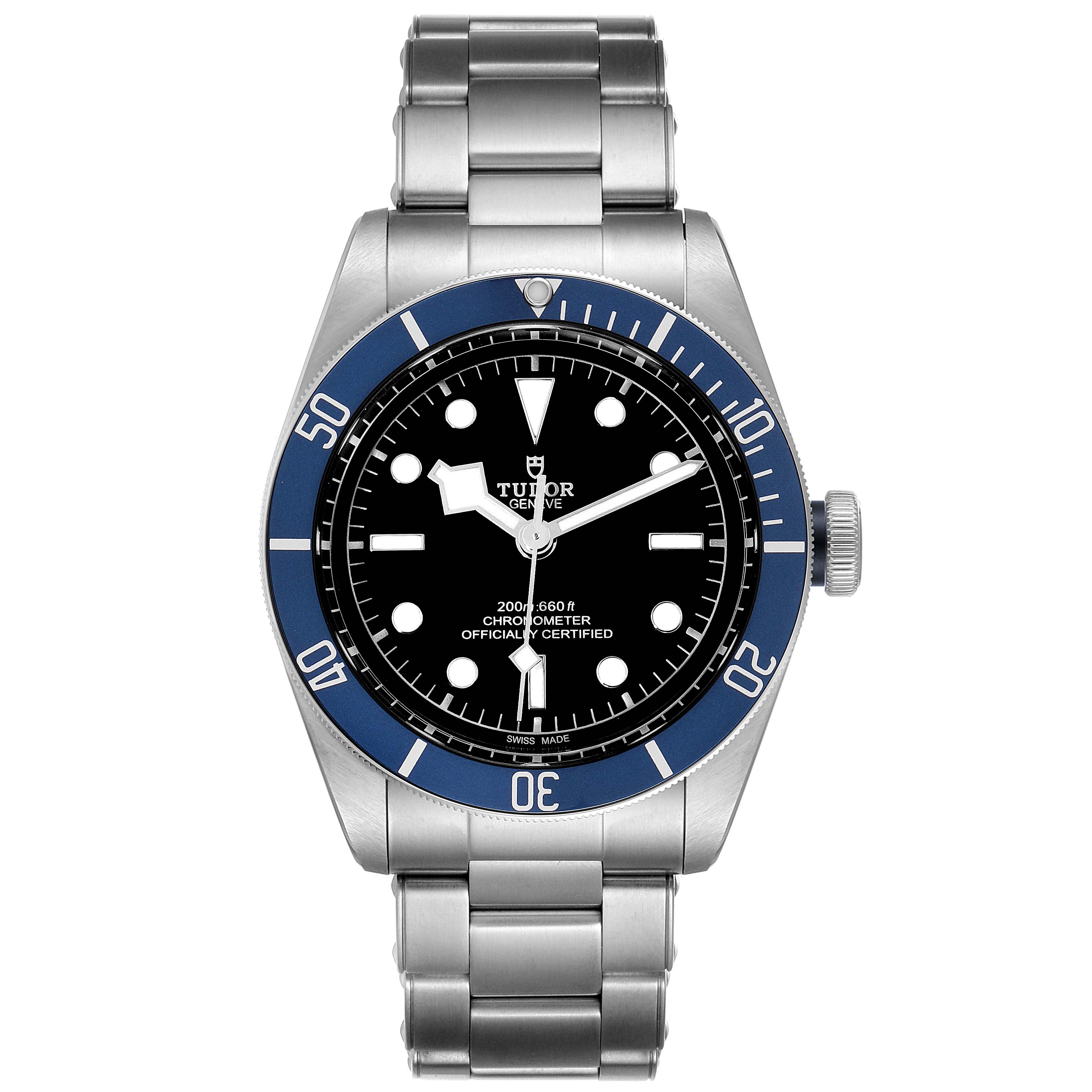This is a front view of the Tudor Heritage Black Bay 79230B Men's Stainless Steel Black Dial 79230B Men's Stainless Steel Black Dial watch, showing the dial, bezel, and bracelet.