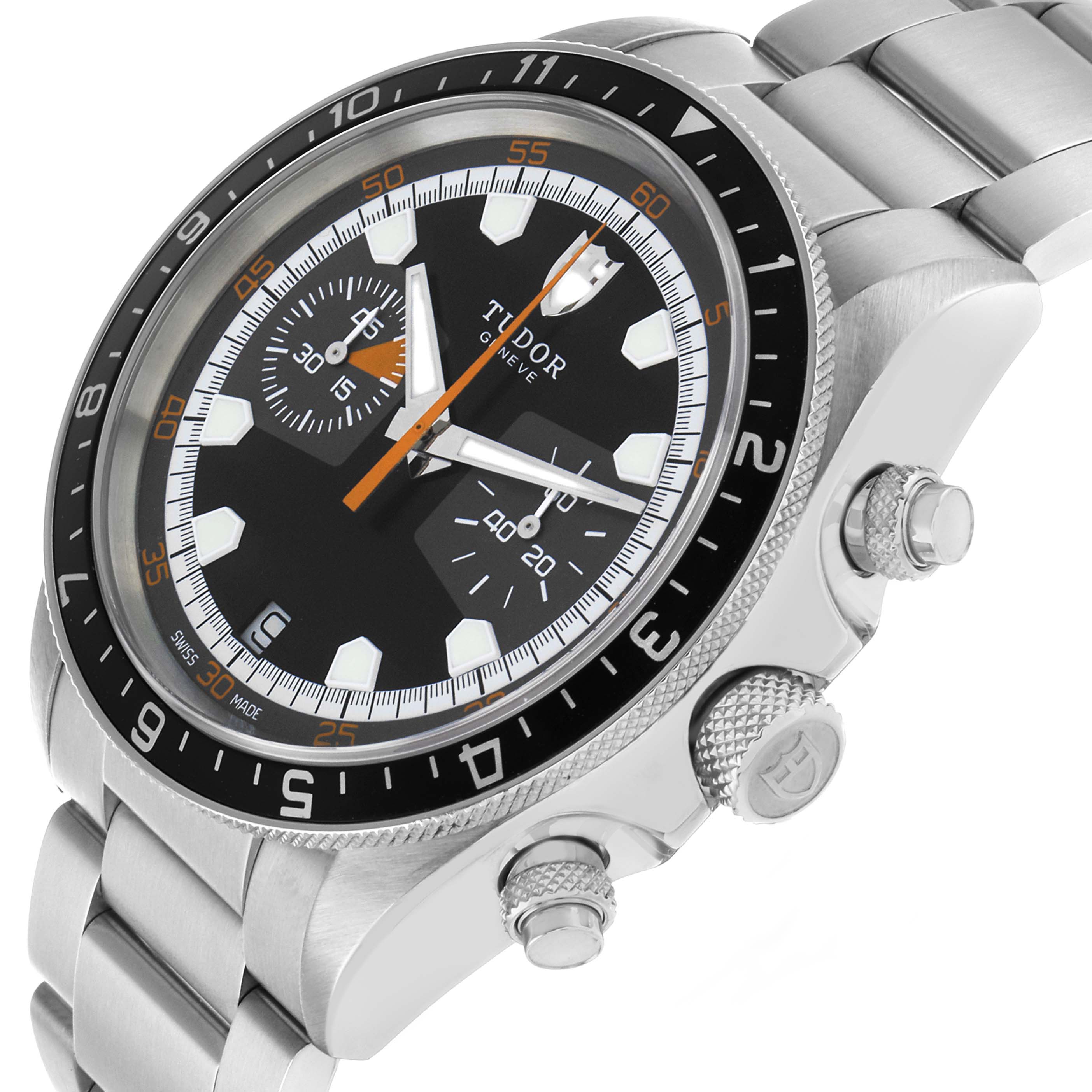 The Tudor Heritage Chrono 70330N Men's Stainless Steel Black Dial watch is shown at an angle highlighting the bezel, dial, and pushers on the side.