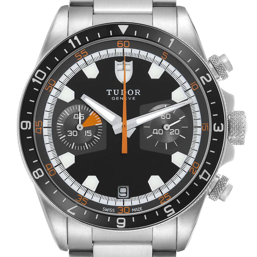 The Tudor Heritage Chrono 70330N Men's Stainless Steel Black Dial watch is shown from a front angle, highlighting the dial, bezel, and crown.