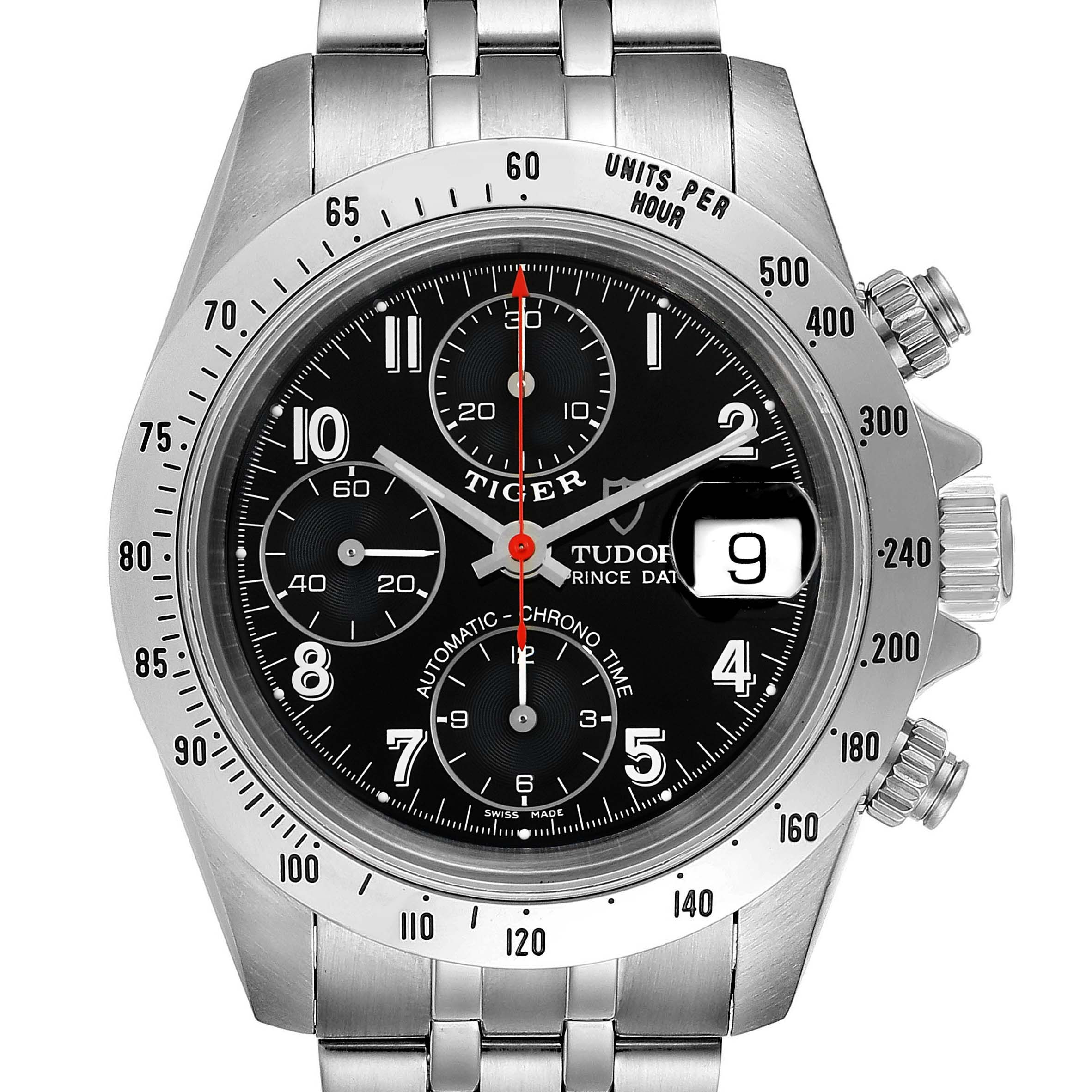 The image shows a front view of the Tudor Tiger 79280 Men's Stainless Steel Black Dial 79280 Men's Stainless Steel Black Dial model watch, highlighting the chronograph dials, date window, and bezel.
