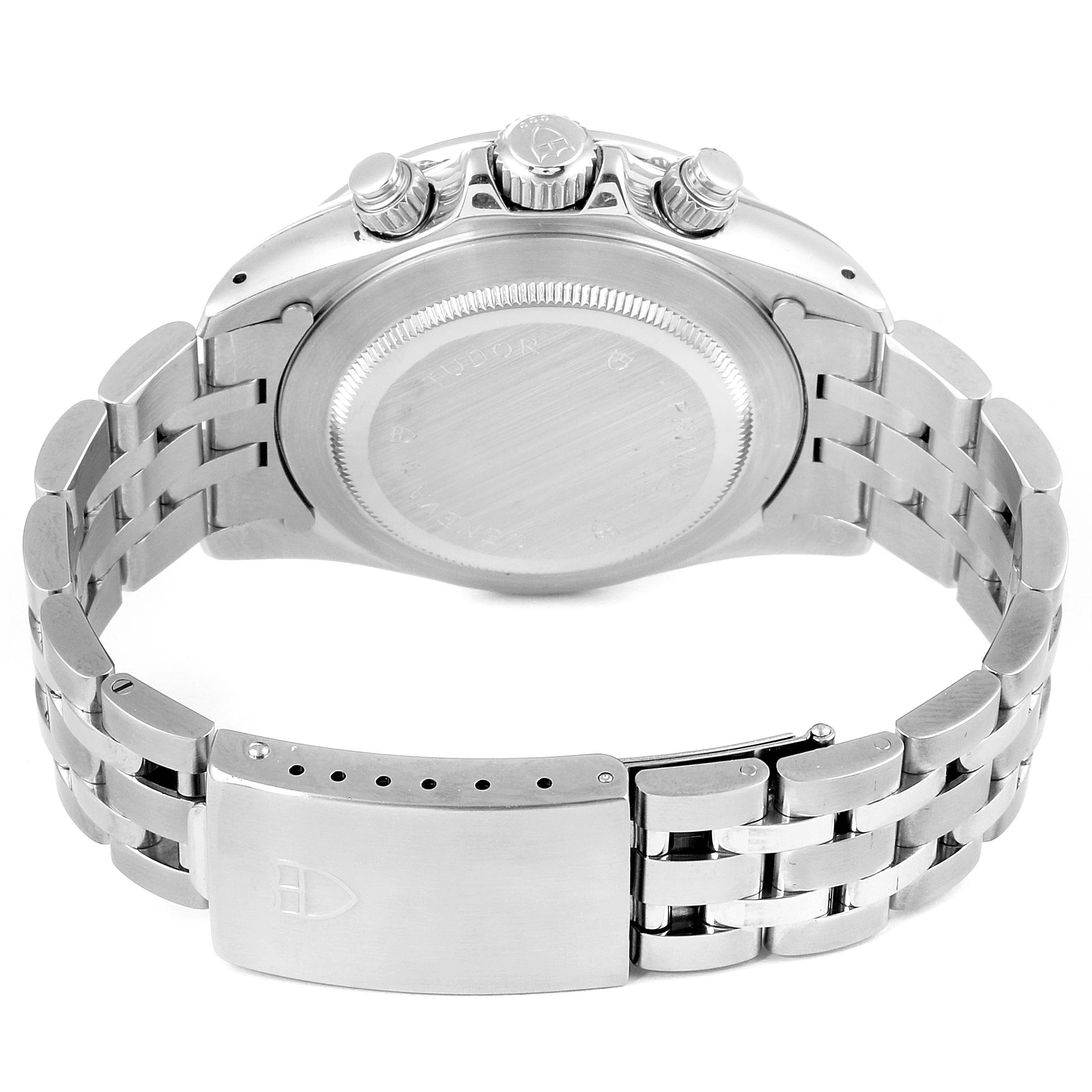 This image shows the back view of the Tudor Prince watch, highlighting its case back, crown, pushers, and metal bracelet with clasp.