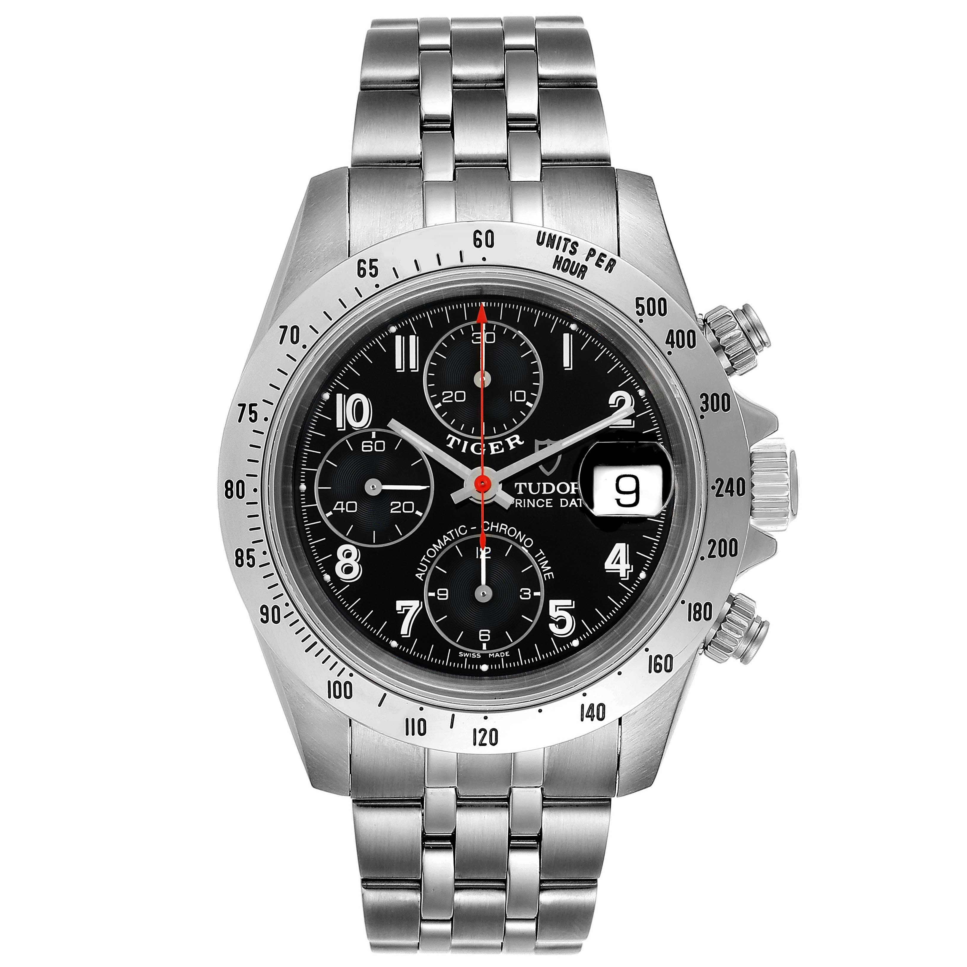 The image shows a Tudor Prince model watch from a front angle, displaying the dial, bezel, bracelet, and side buttons.