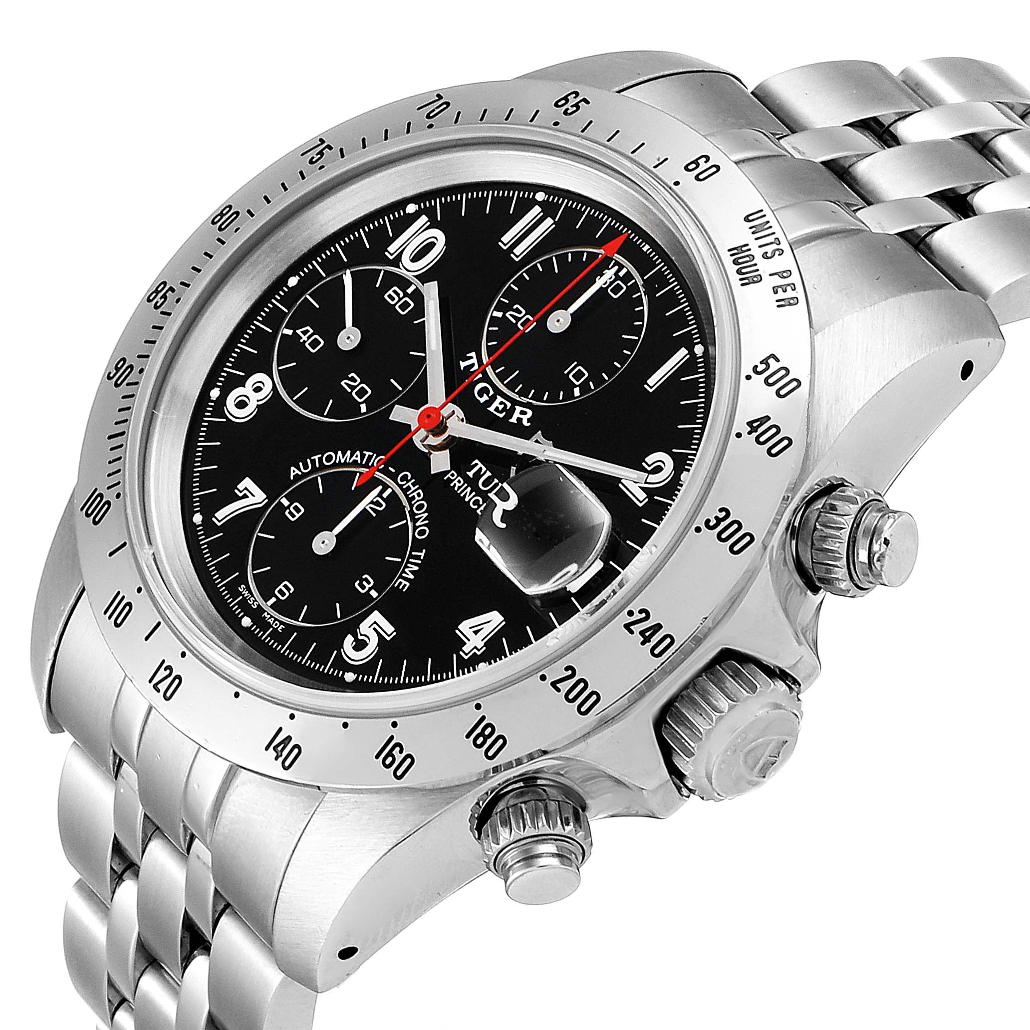 The image shows a Tudor Prince model watch at an angled view, highlighting its dial, bezel, pushers, and part of the bracelet.