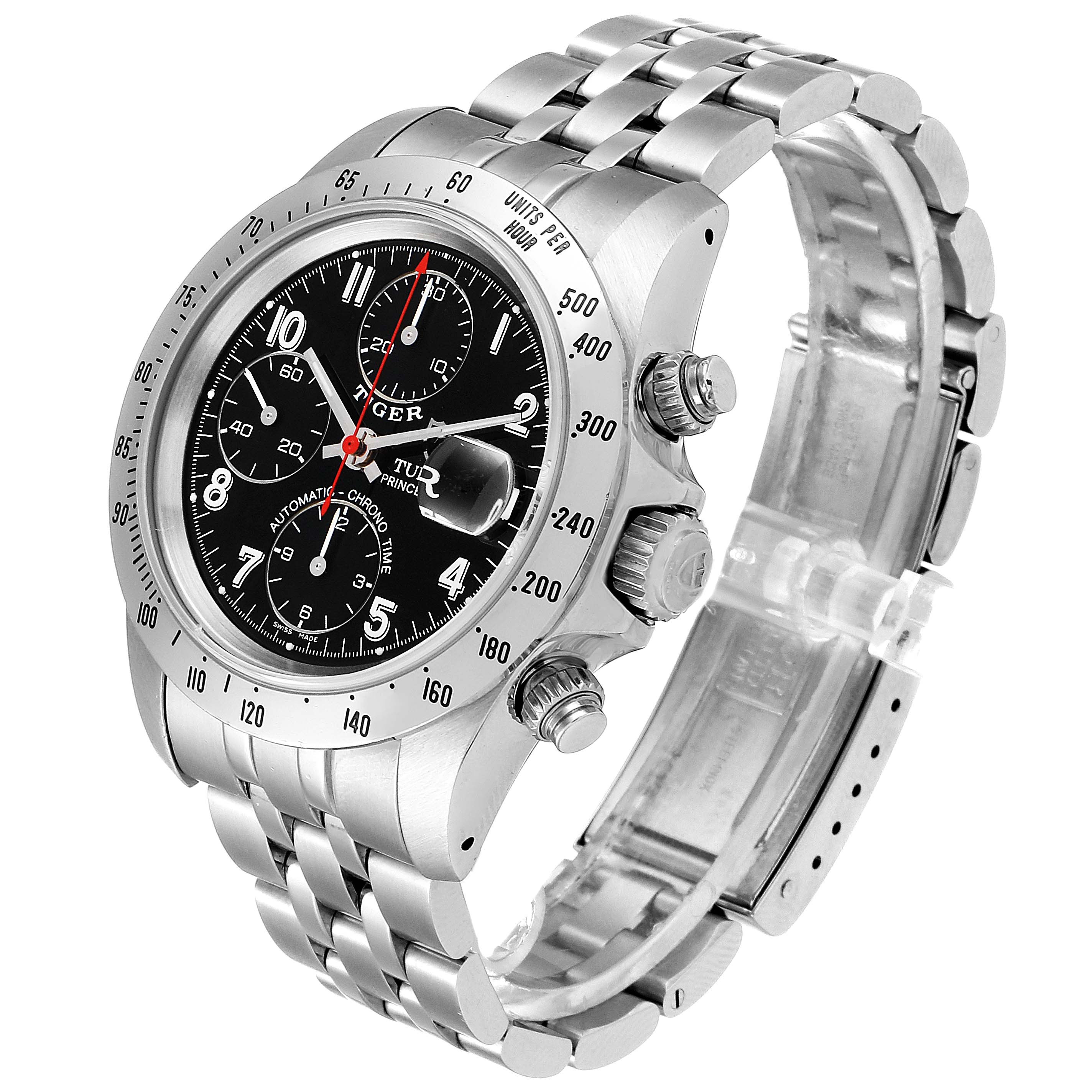 The image shows a Tudor Prince model watch at a three-quarter angle, highlighting the dial, bezel, crown, and bracelet.