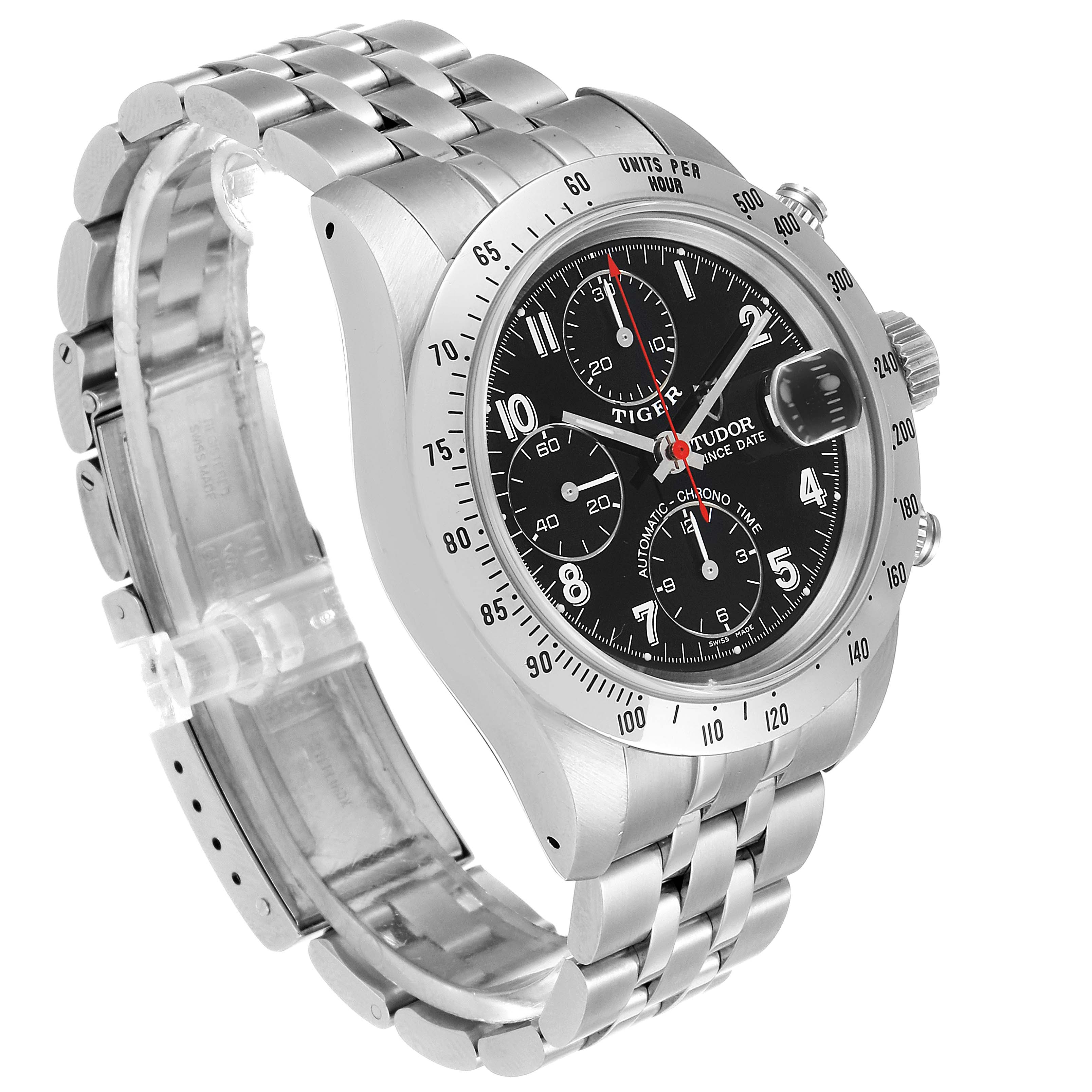 The Tudor Prince model watch is displayed at an angle showcasing its dial, bezel, side pushers, and stainless steel bracelet.