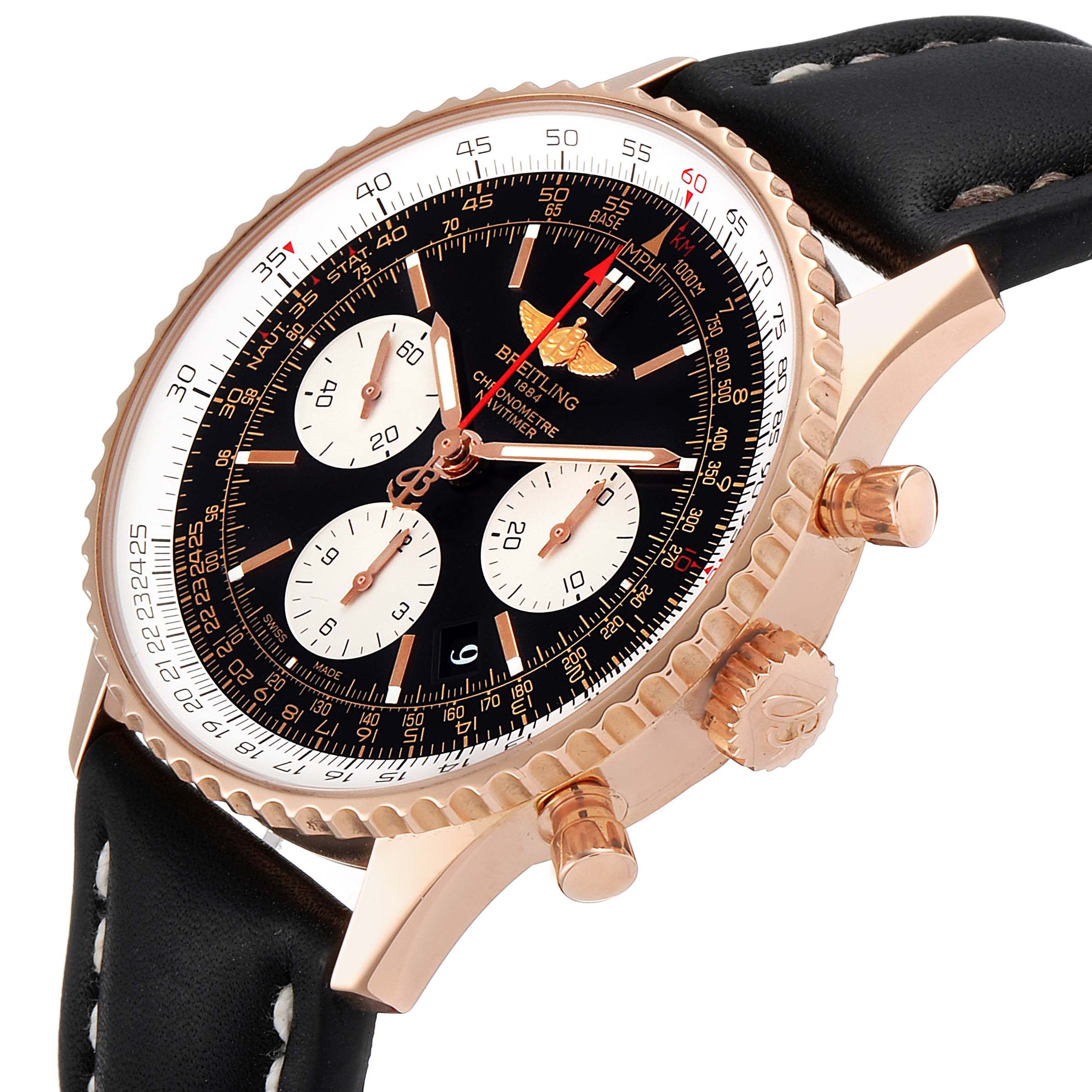 A Breitling Navitimer RB0120 Men's Rose Gold Black Dial RB0120 Men's Rose Gold Black Dial watch is shown at an angled side view, highlighting its bezel, dial, subdials, and crown.