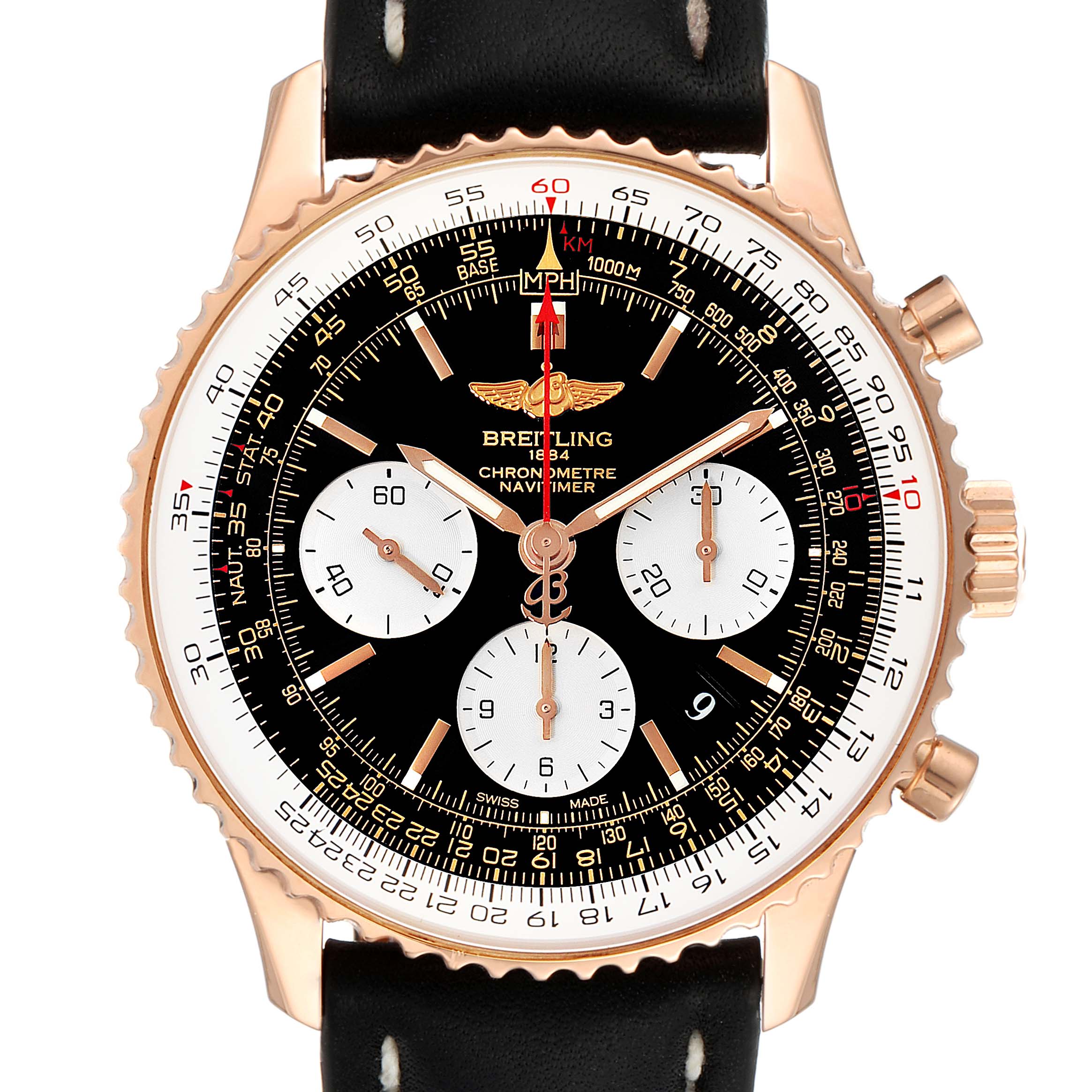 The image shows a front view of the Breitling Navitimer RB0120 Men's Rose Gold Black Dial RB0120 Men's Rose Gold Black Dial watch, displaying the dial, bezel, chronograph subdials, and crown.