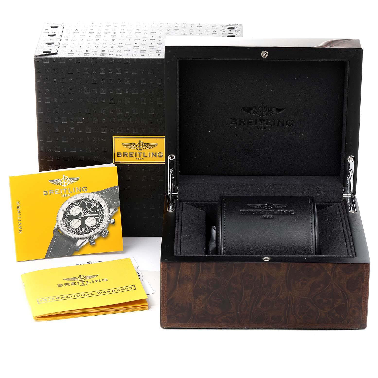 The image shows the Breitling Navitimer RB0120 Men's Rose Gold Black Dial RB0120 Men's Rose Gold Black Dial watch packaging, including the box, warranty booklet, and user manual.