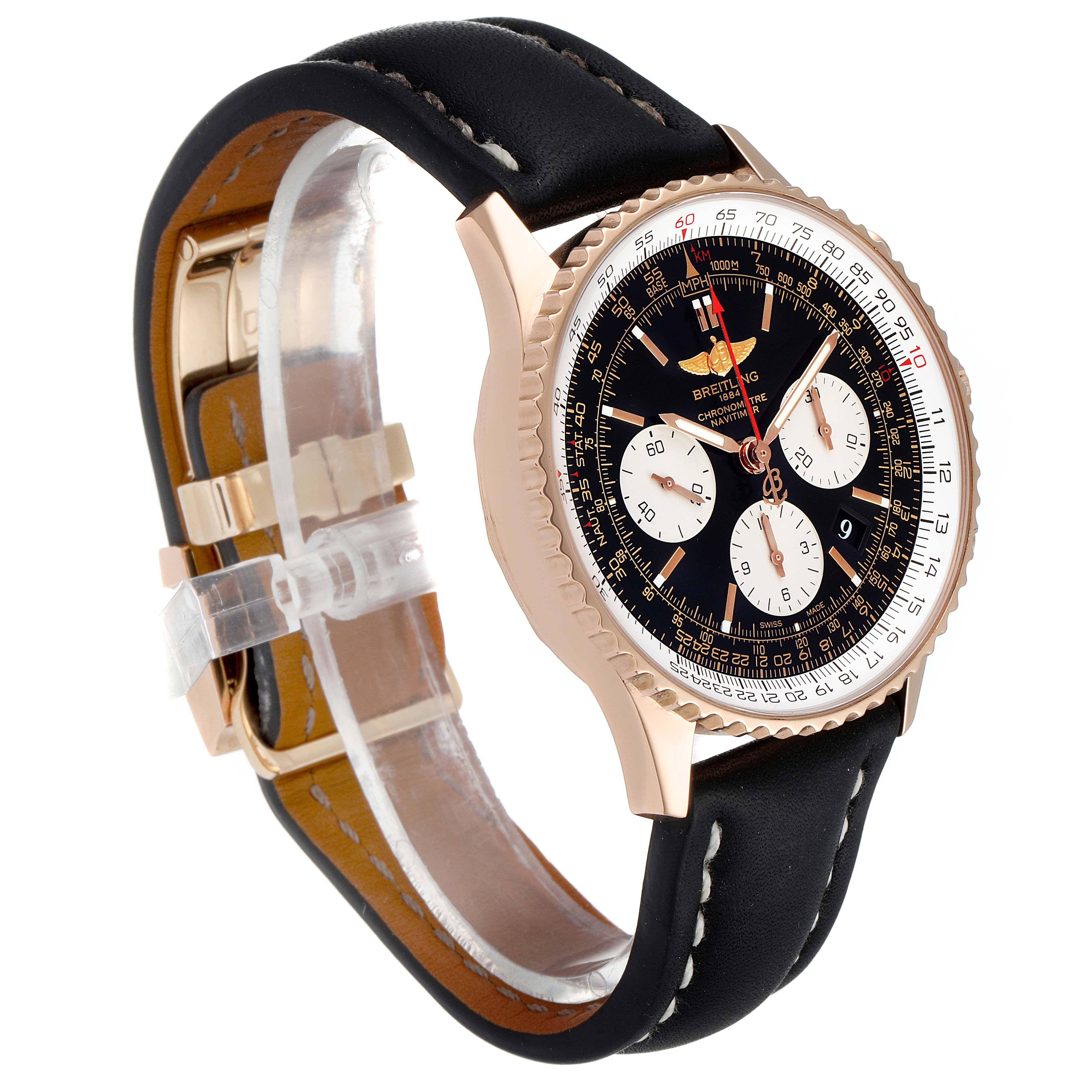 The Breitling Navitimer RB0120 Men's Rose Gold Black Dial RB0120 Men's Rose Gold Black Dial is shown at an angle highlighting its face, bezel, and strap with a clear view of its chronograph subdials.