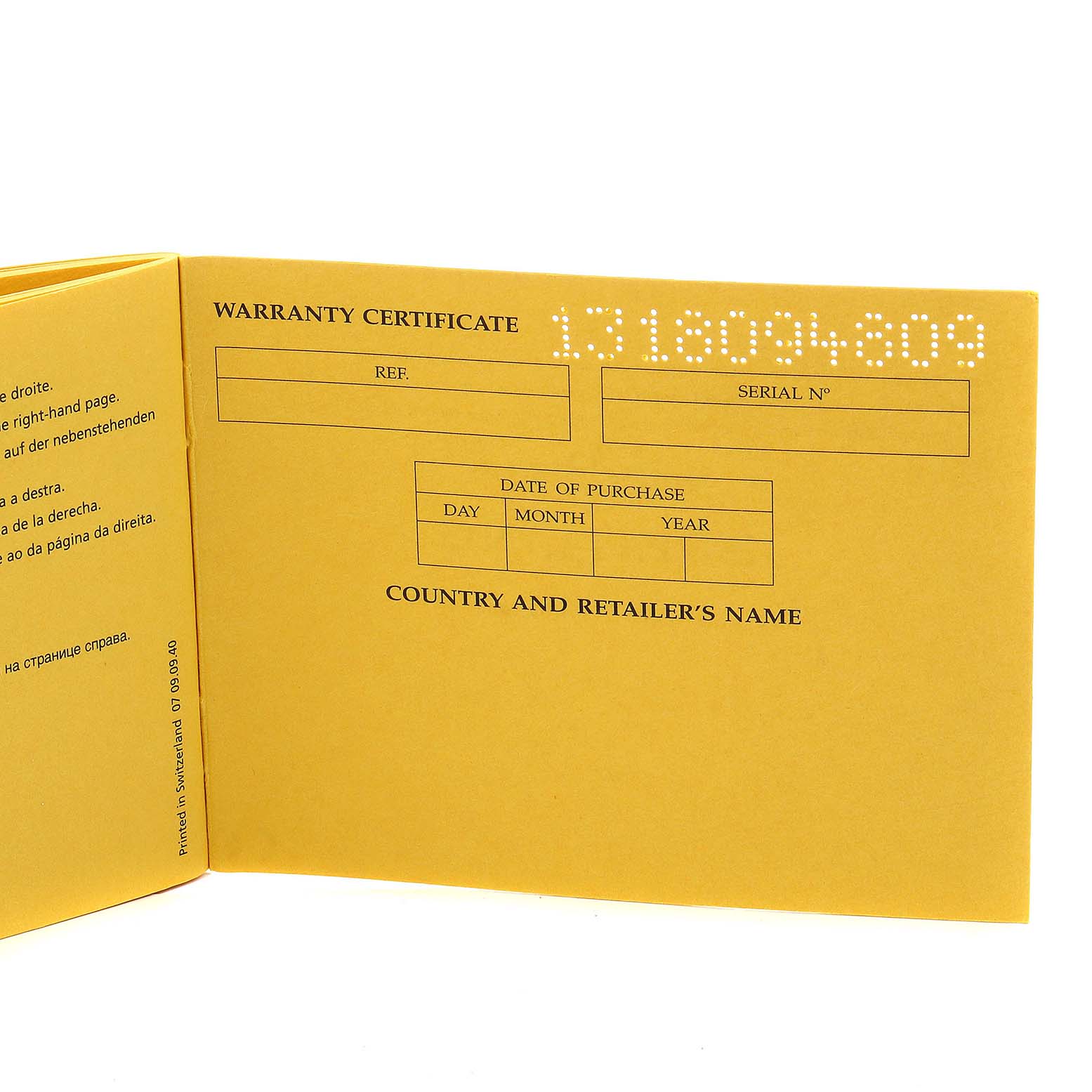 The image shows an open warranty certificate booklet for a Breitling Navitimer RB0120 Men's Rose Gold Black Dial RB0120 Men's Rose Gold Black Dial watch, with fields for ref, serial number, purchase date, country, and retailer's name.