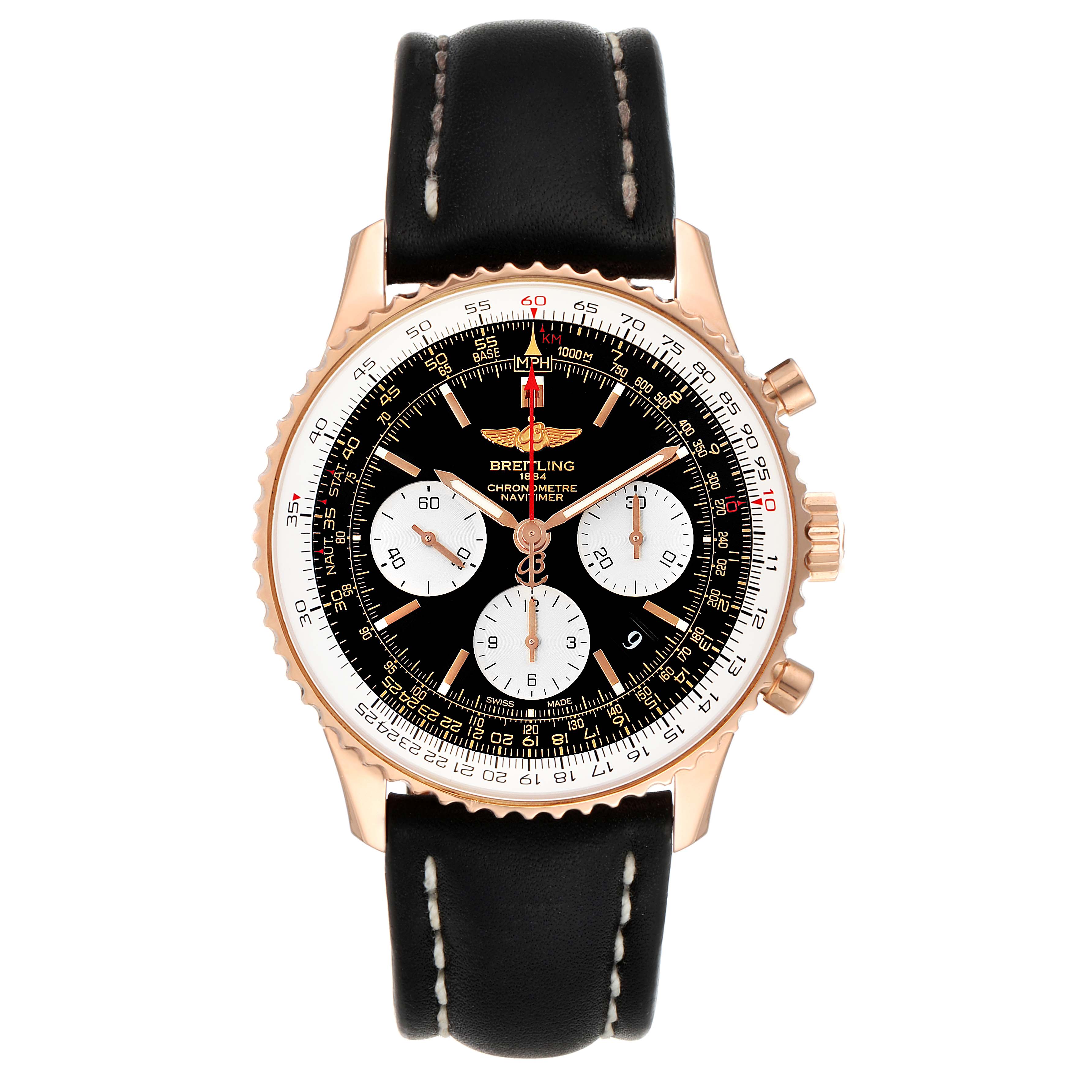 This image shows a front view of the Breitling Navitimer RB0120 Men's Rose Gold Black Dial RB0120 Men's Rose Gold Black Dial watch with a black dial, leather strap, and gold case with chronograph functions.
