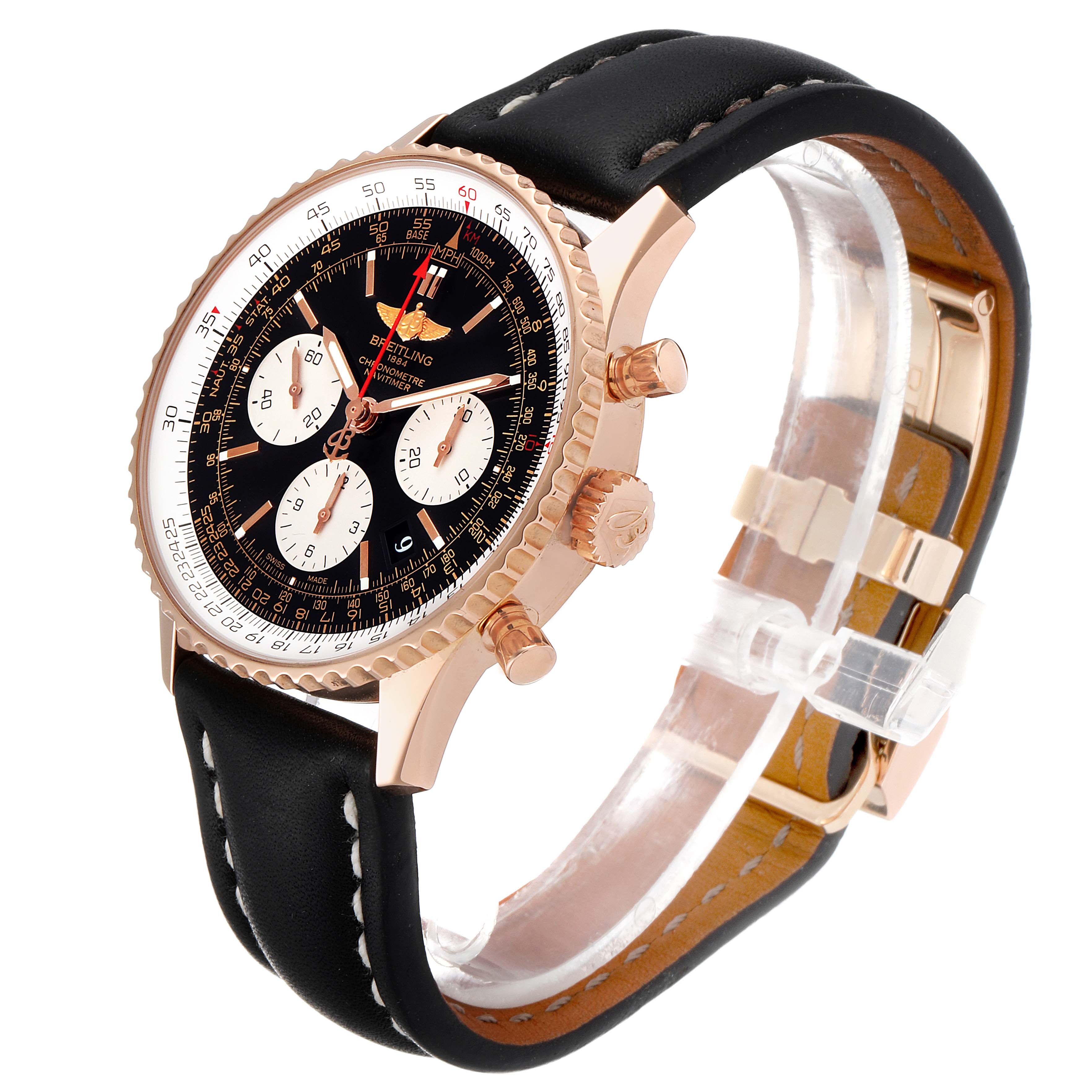 The Breitling Navitimer RB0120 Men's Rose Gold Black Dial RB0120 Men's Rose Gold Black Dial watch is shown at a 3/4 angle, highlighting its case, bezel, dial, and leather strap.