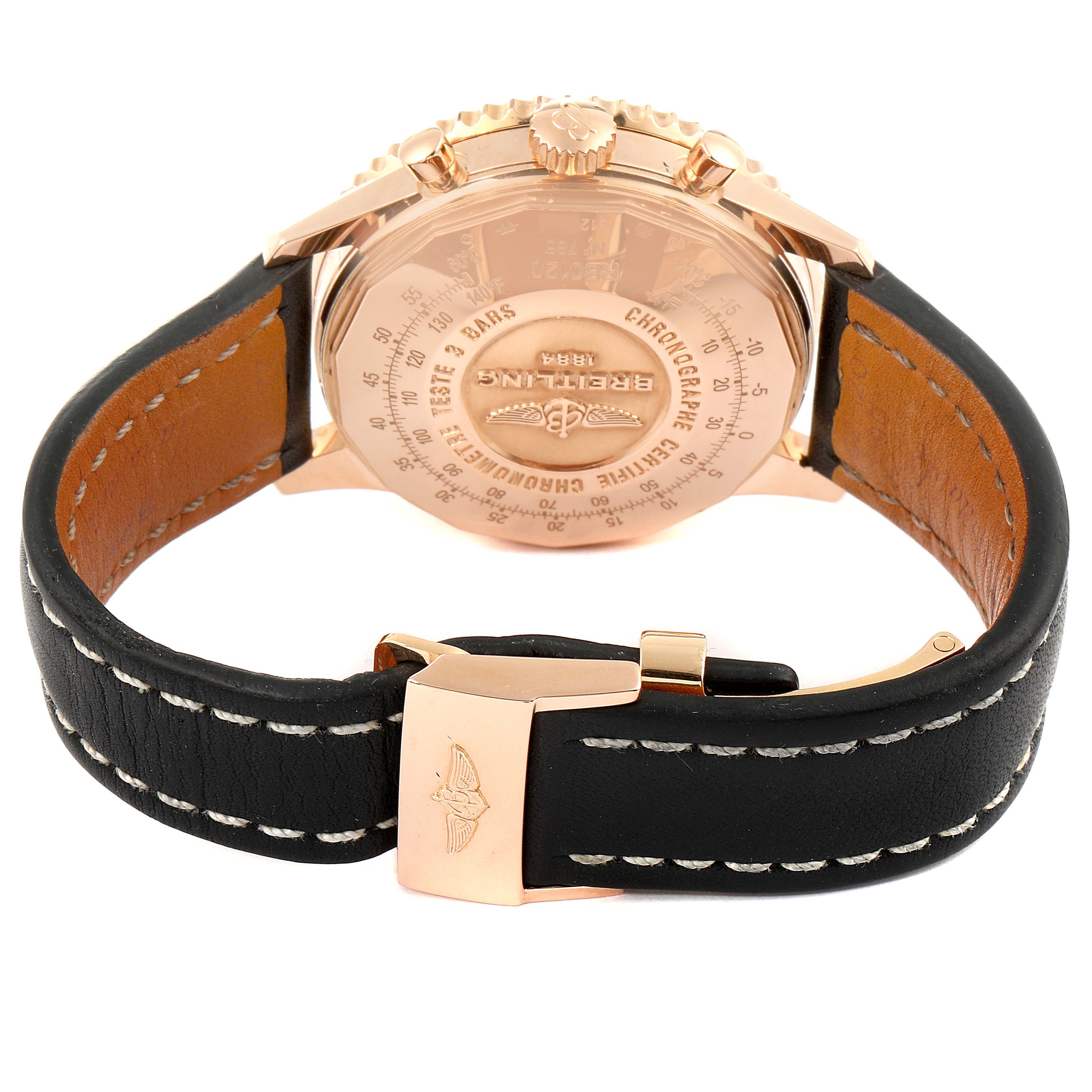 The image shows the back view of a Breitling Navitimer RB0120 Men's Rose Gold Black Dial RB0120 Men's Rose Gold Black Dial watch, highlighting its case back and leather strap with a clasp.