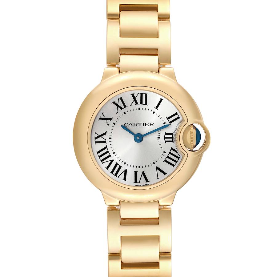 The image shows a front angle of the Cartier Ballon Bleu watch, highlighting the dial, crown, and part of the bracelet.