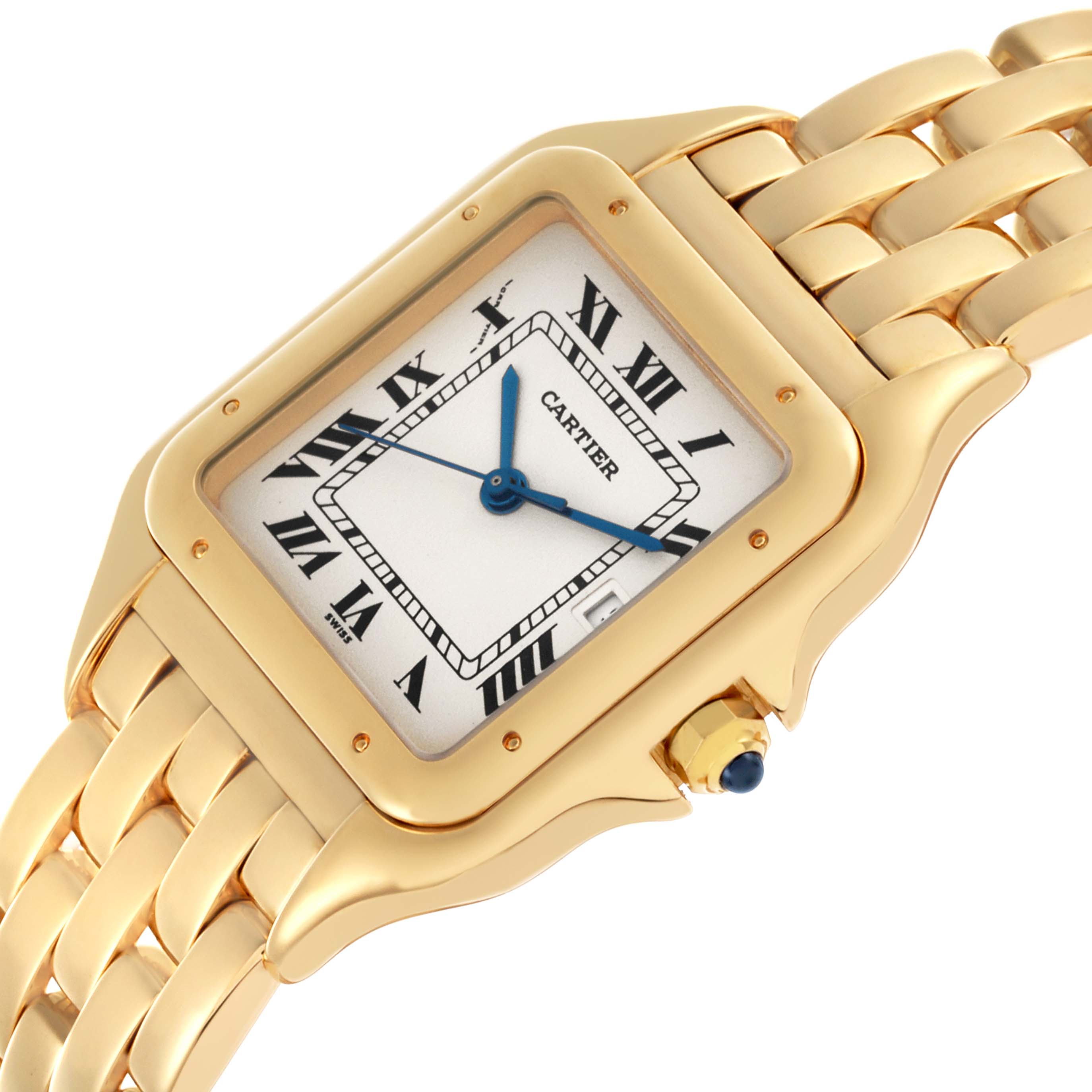 The Cartier Panthere W25014B9 Men's Yellow Gold Silver Dial W25014B9 Men's Yellow Gold Silver Dial watch is shown at an angle highlighting its square face, Roman numerals, gold case, and bracelet.