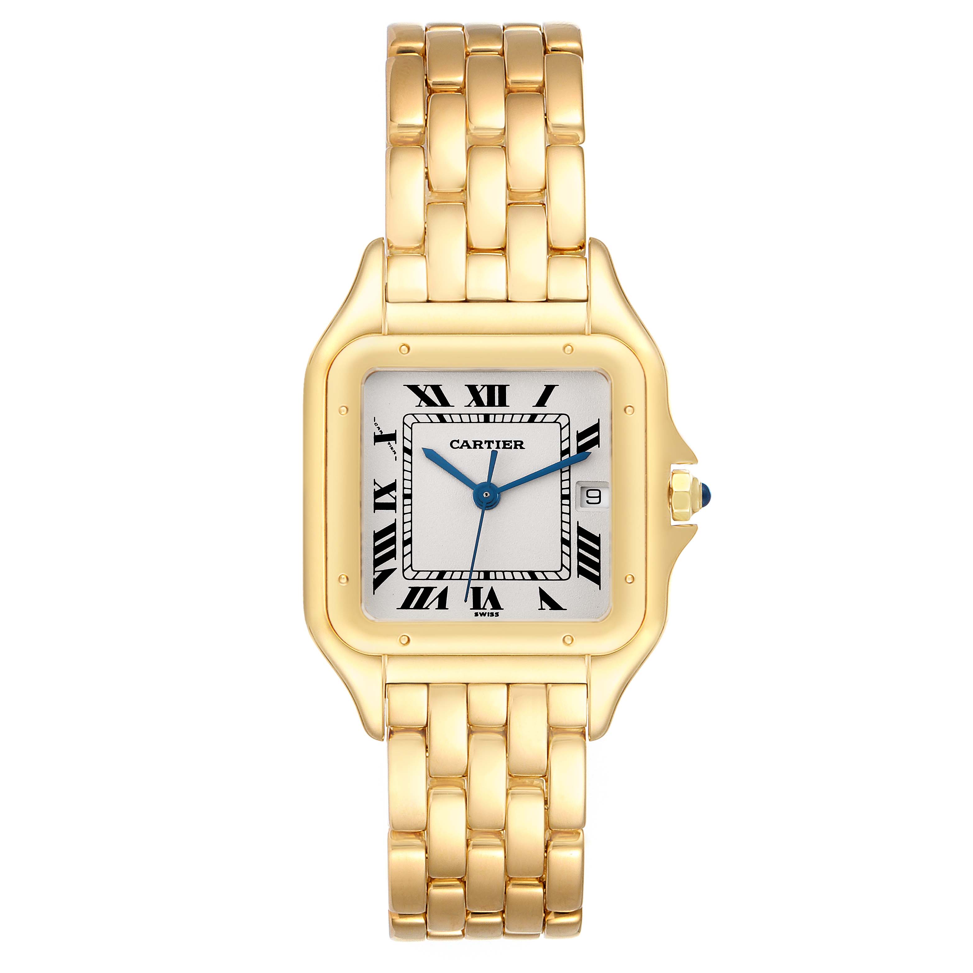 The Cartier Panthere W25014B9 Men's Yellow Gold Silver Dial W25014B9 Men's Yellow Gold Silver Dial watch is shown from the front, displaying the face, case, and a portion of the gold bracelet.