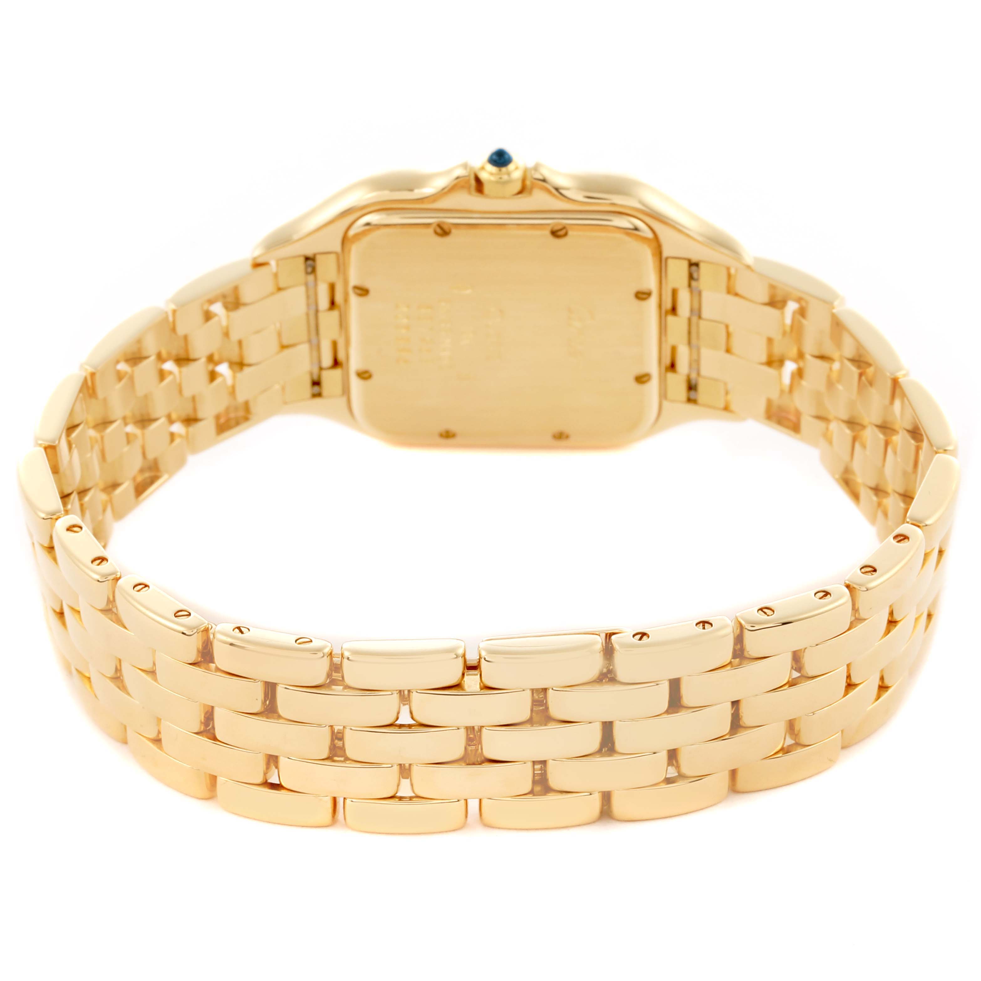 The image shows the back view of the Cartier Panthere W25014B9 Men's Yellow Gold Silver Dial W25014B9 Men's Yellow Gold Silver Dial watch, highlighting the case back and bracelet.